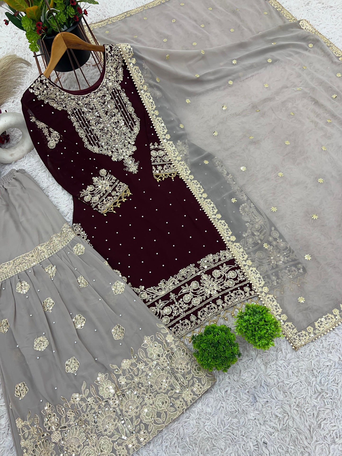 Elegant Heavy Faux Georgette Palazzo Set With Heavy Embroidery Sequence Work