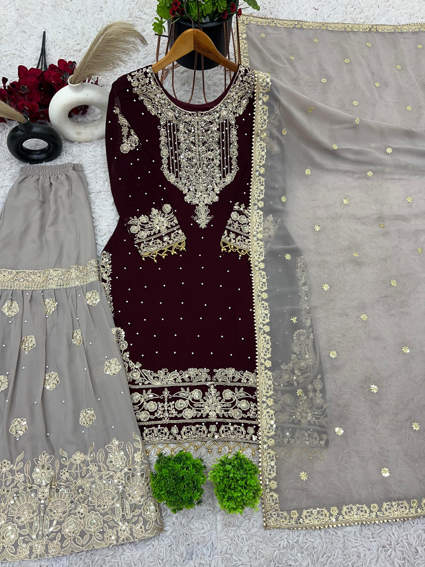 Elegant Heavy Faux Georgette Palazzo Set With Heavy Embroidery Sequence Work