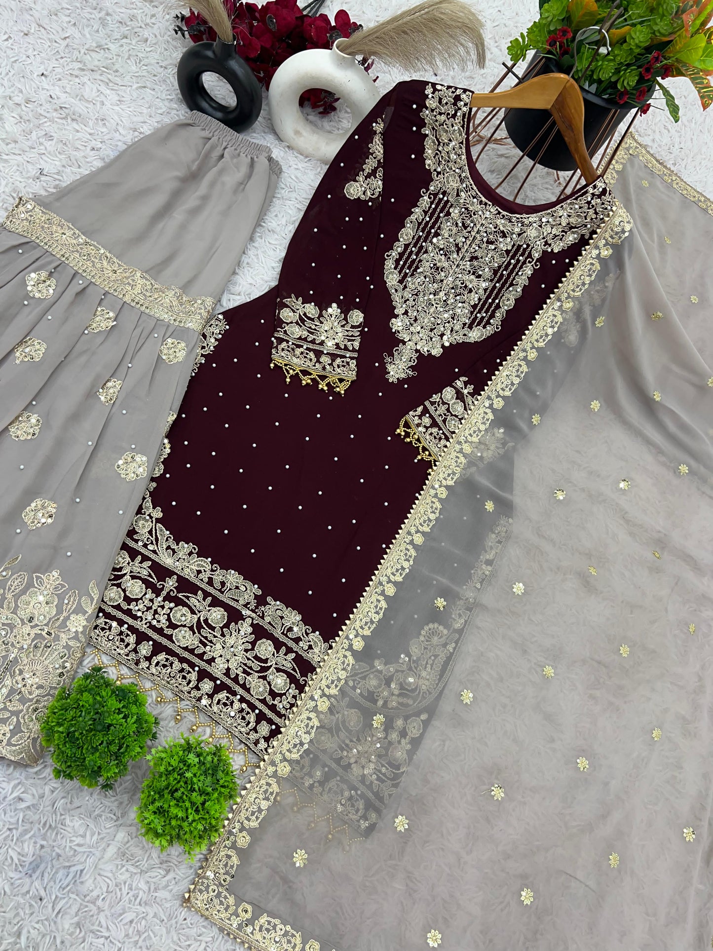 Elegant Heavy Faux Georgette Palazzo Set With Heavy Embroidery Sequence Work