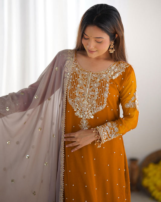 Elegant Heavy Faux Georgette Palazzo Set With Heavy Embroidery Sequence Work