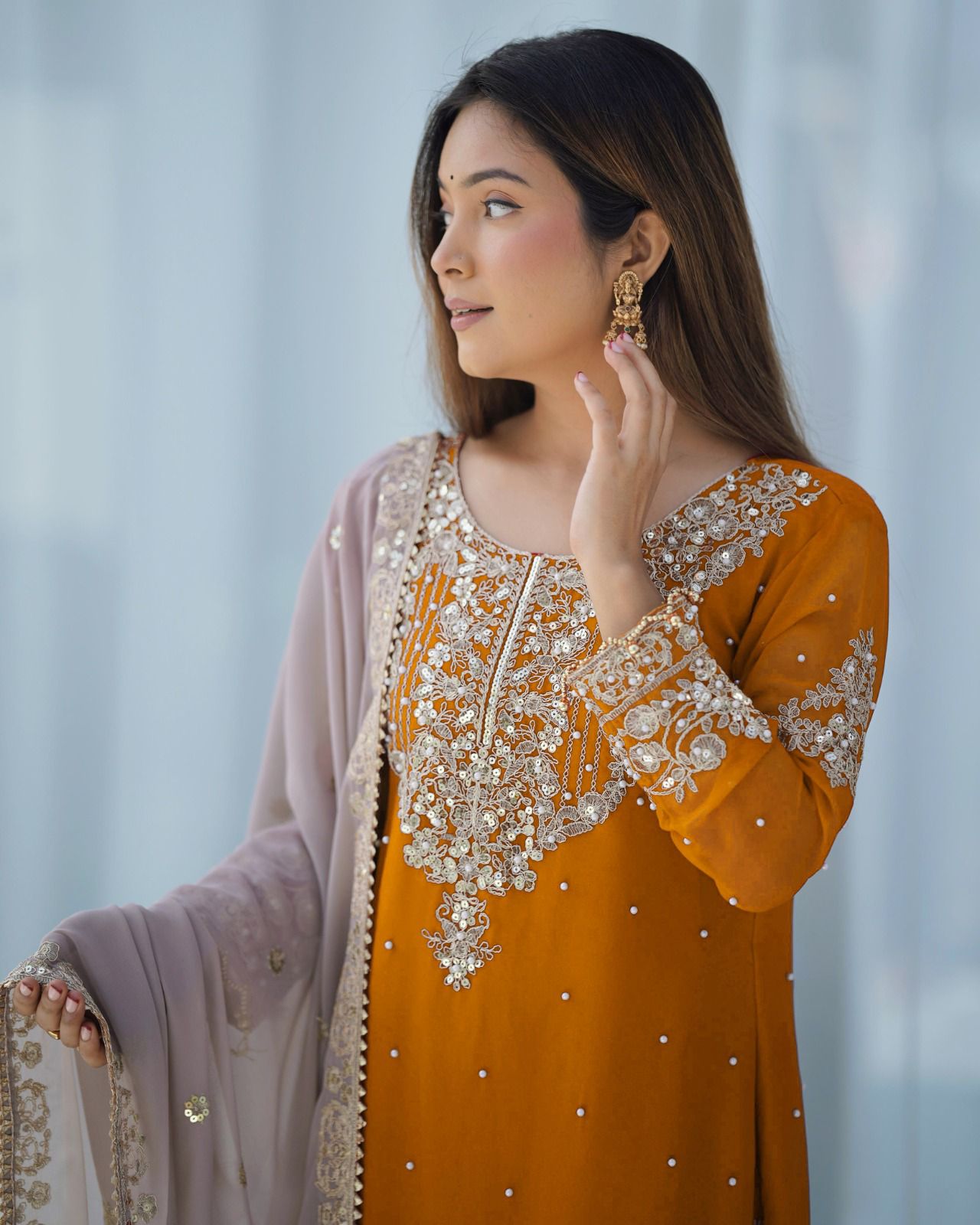 Elegant Heavy Faux Georgette Palazzo Set With Heavy Embroidery Sequence Work