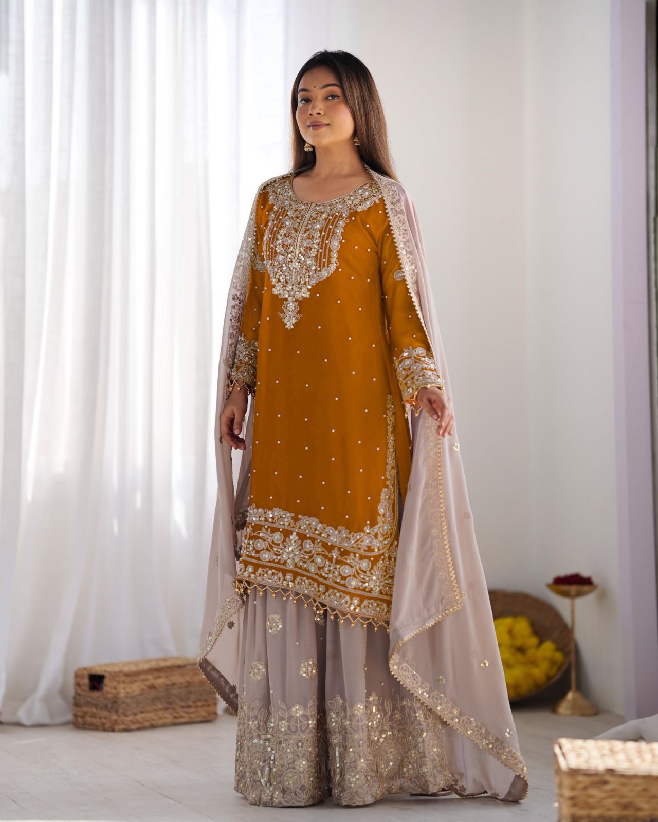 Elegant Heavy Faux Georgette Palazzo Set With Heavy Embroidery Sequence Work