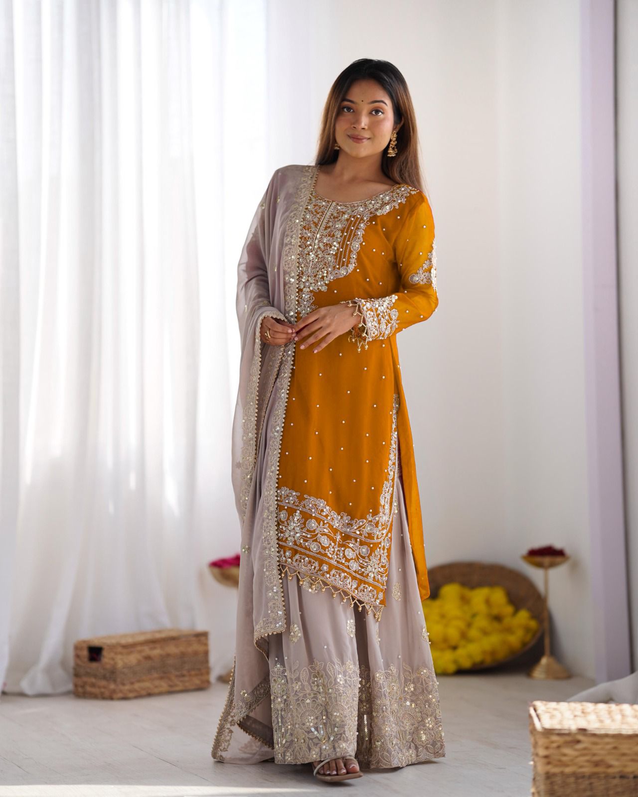Elegant Heavy Faux Georgette Palazzo Set With Heavy Embroidery Sequence Work