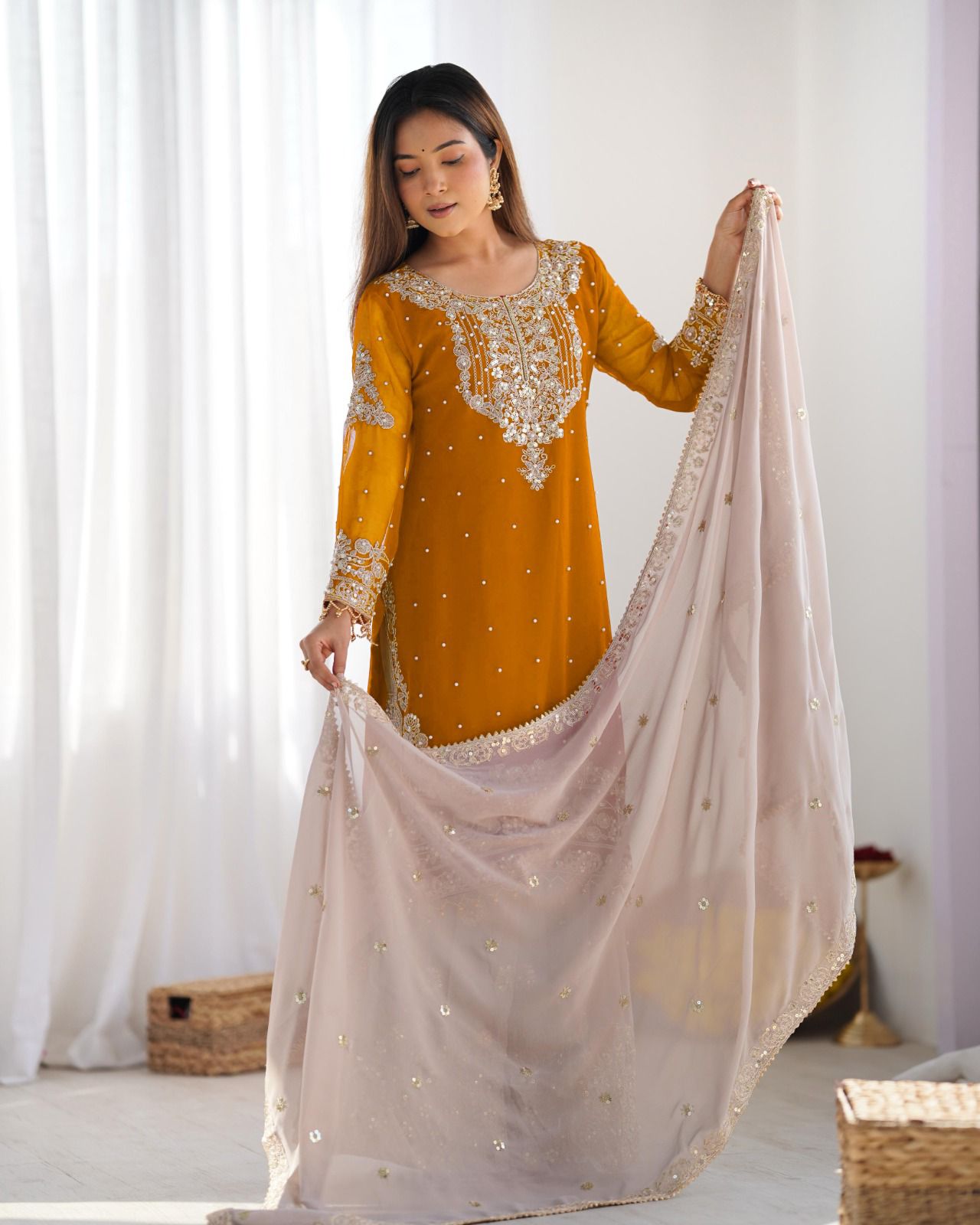 Elegant Heavy Faux Georgette Palazzo Set With Heavy Embroidery Sequence Work