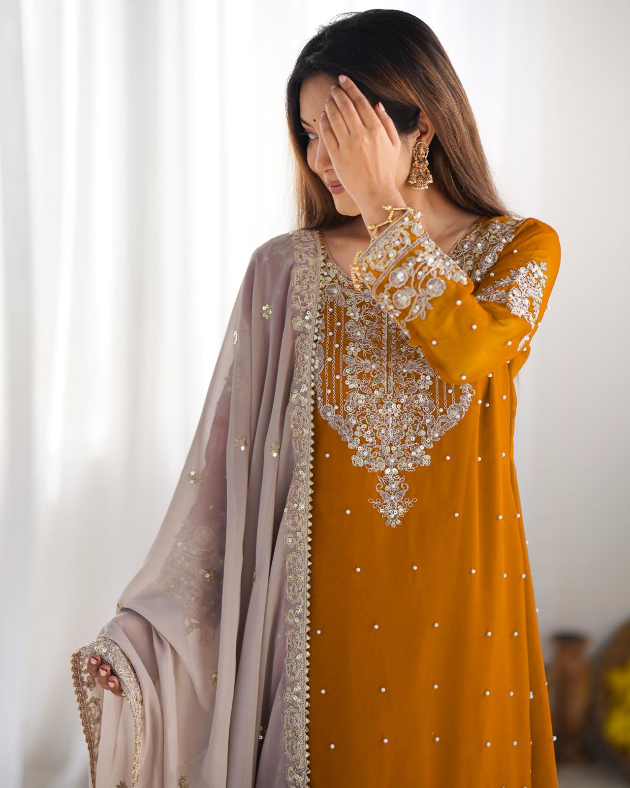 Elegant Heavy Faux Georgette Palazzo Set With Heavy Embroidery Sequence Work
