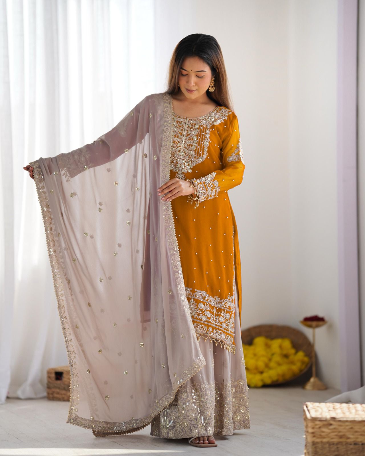 Elegant Heavy Faux Georgette Palazzo Set With Heavy Embroidery Sequence Work