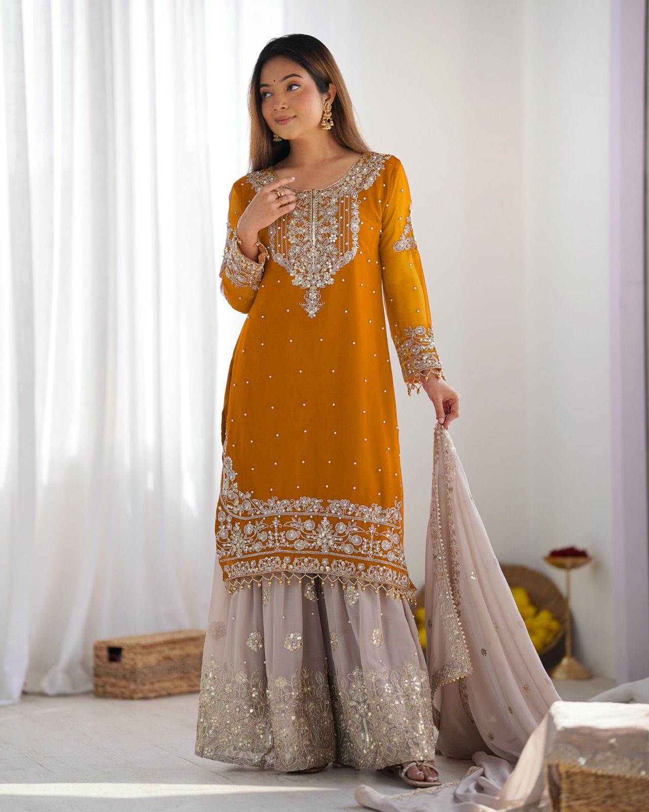 Elegant Heavy Faux Georgette Palazzo Set With Heavy Embroidery Sequence Work