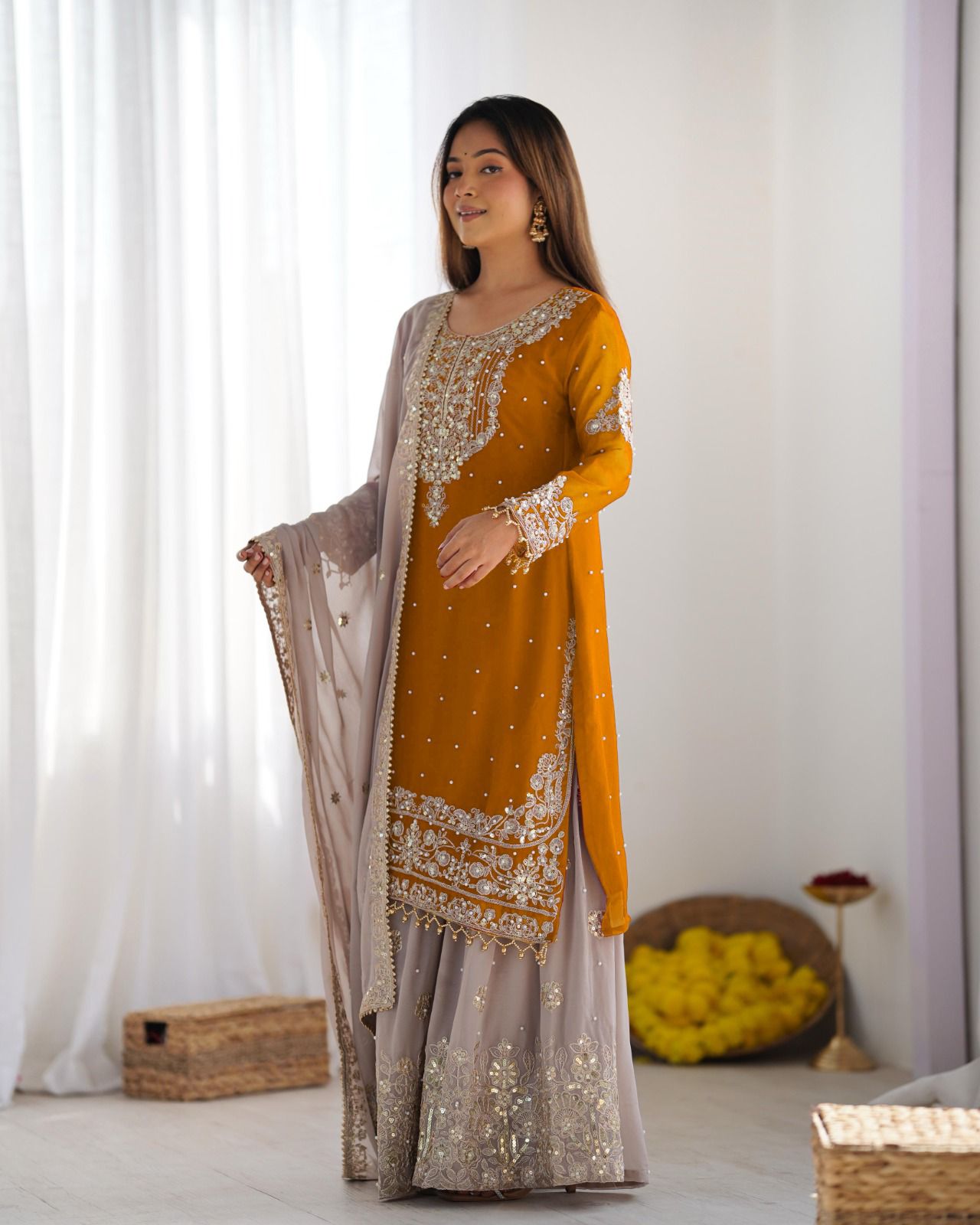 Elegant Heavy Faux Georgette Palazzo Set With Heavy Embroidery Sequence Work
