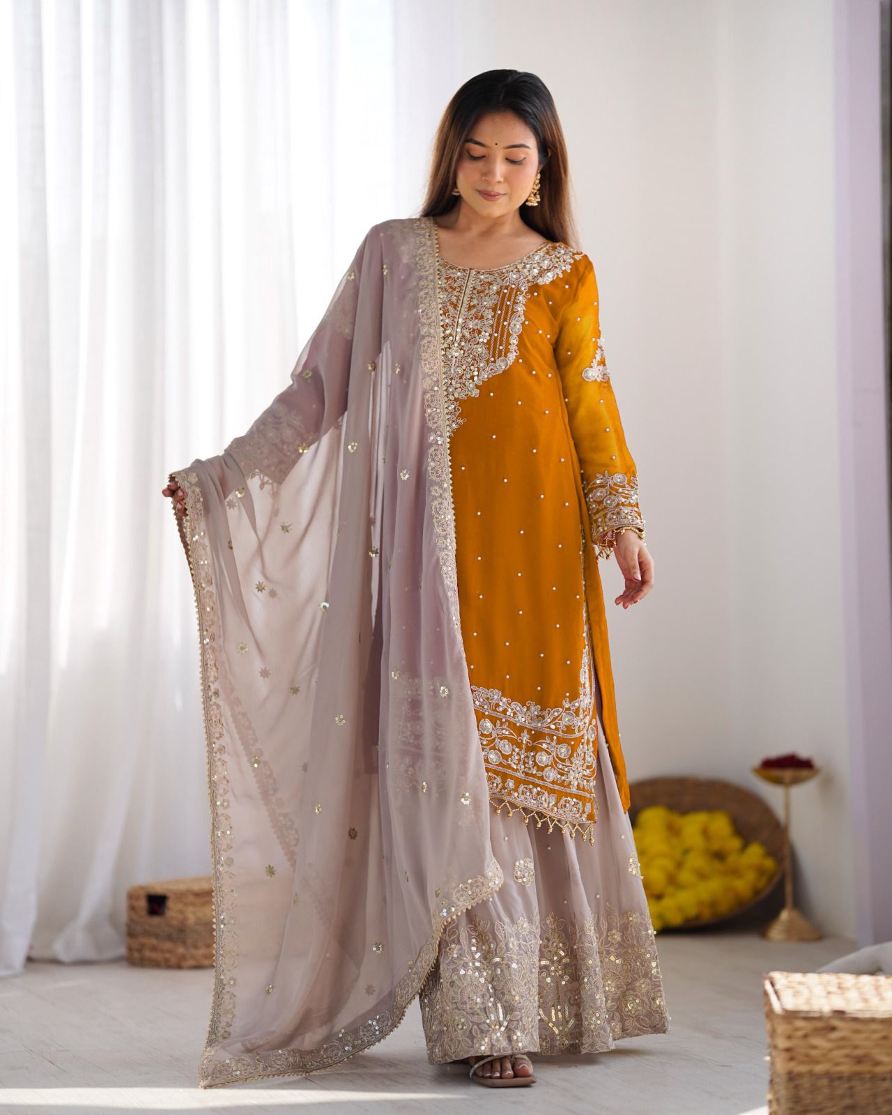 Elegant Heavy Faux Georgette Palazzo Set With Heavy Embroidery Sequence Work