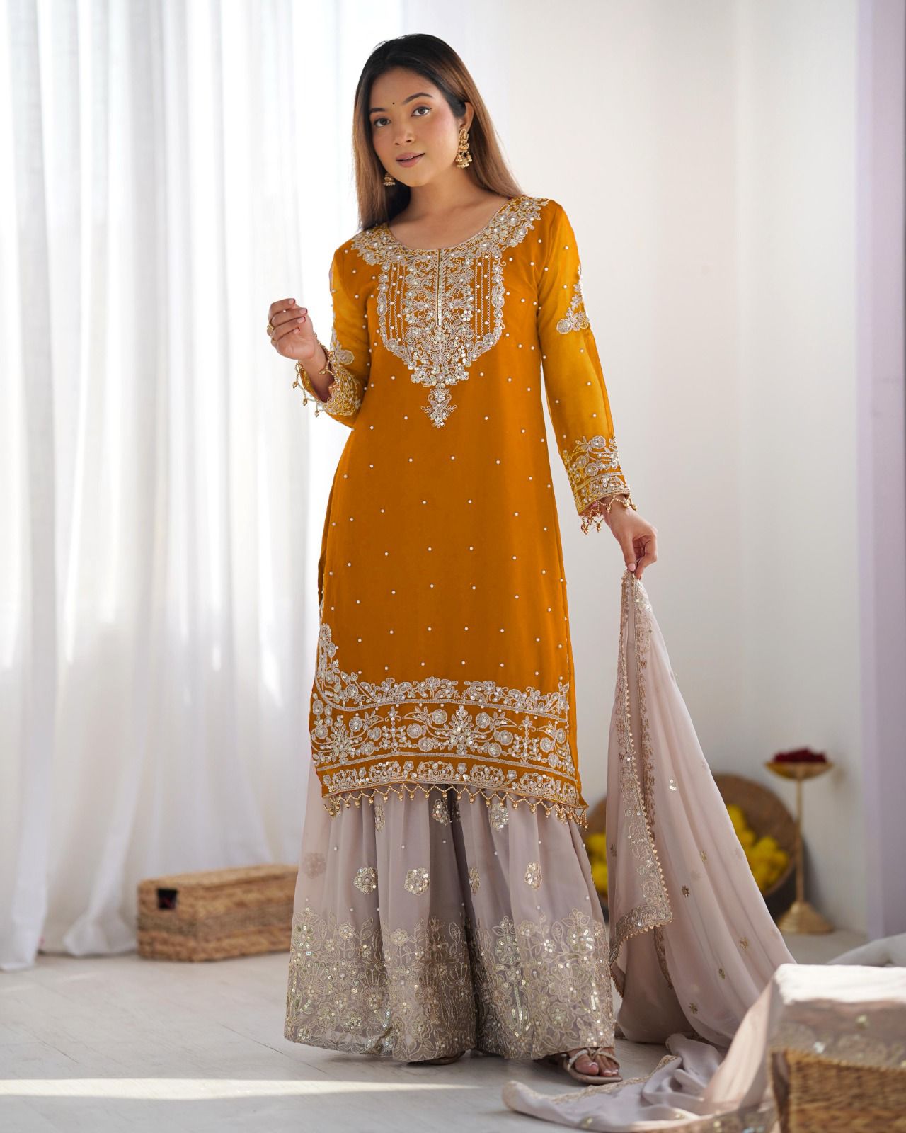 Elegant Heavy Faux Georgette Palazzo Set With Heavy Embroidery Sequence Work