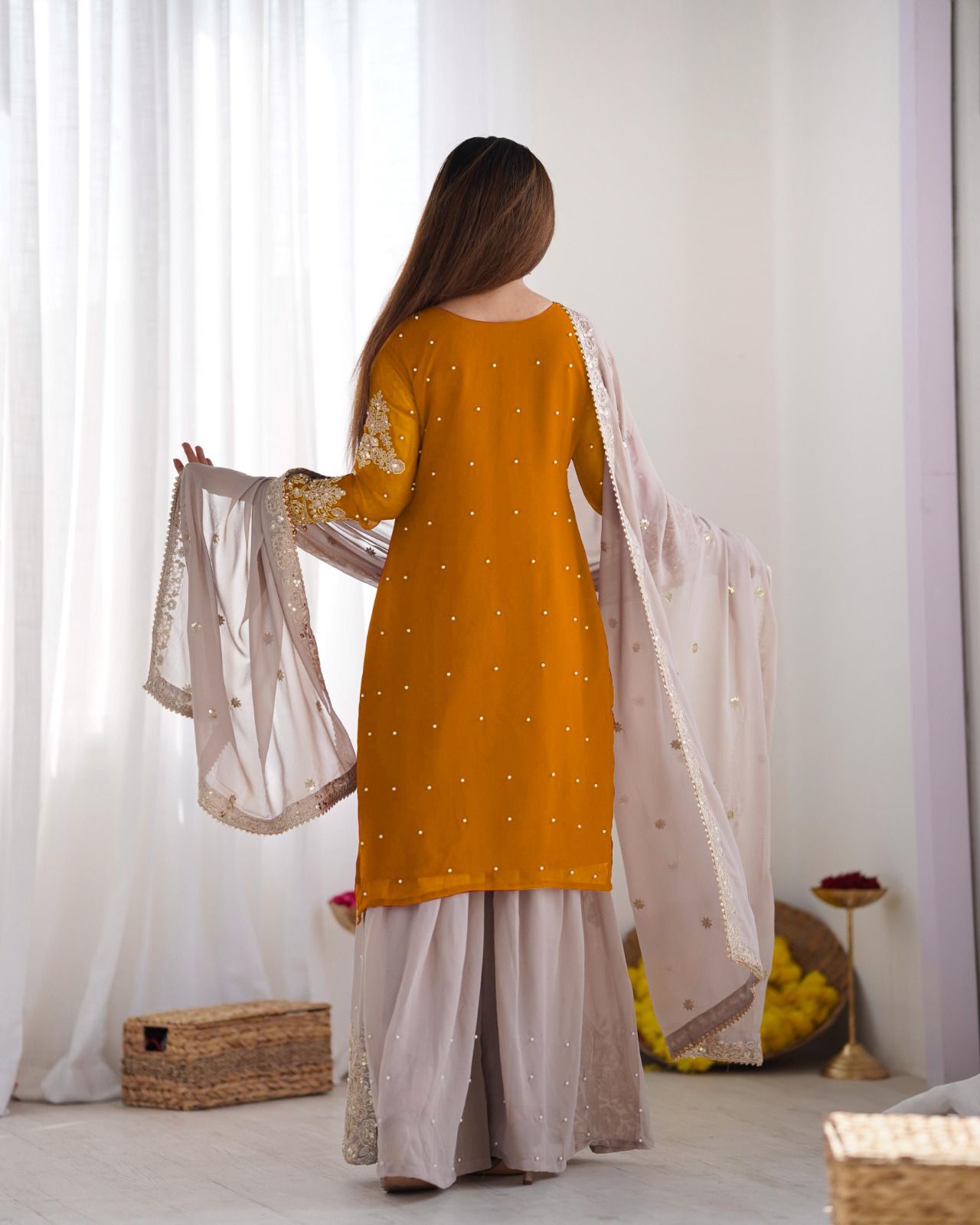 Elegant Heavy Faux Georgette Palazzo Set With Heavy Embroidery Sequence Work