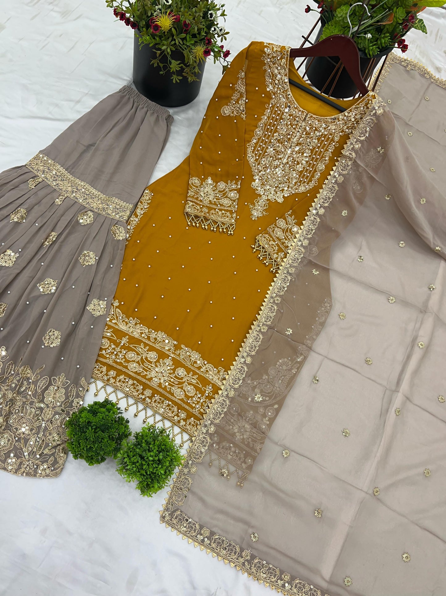Elegant Heavy Faux Georgette Palazzo Set With Heavy Embroidery Sequence Work