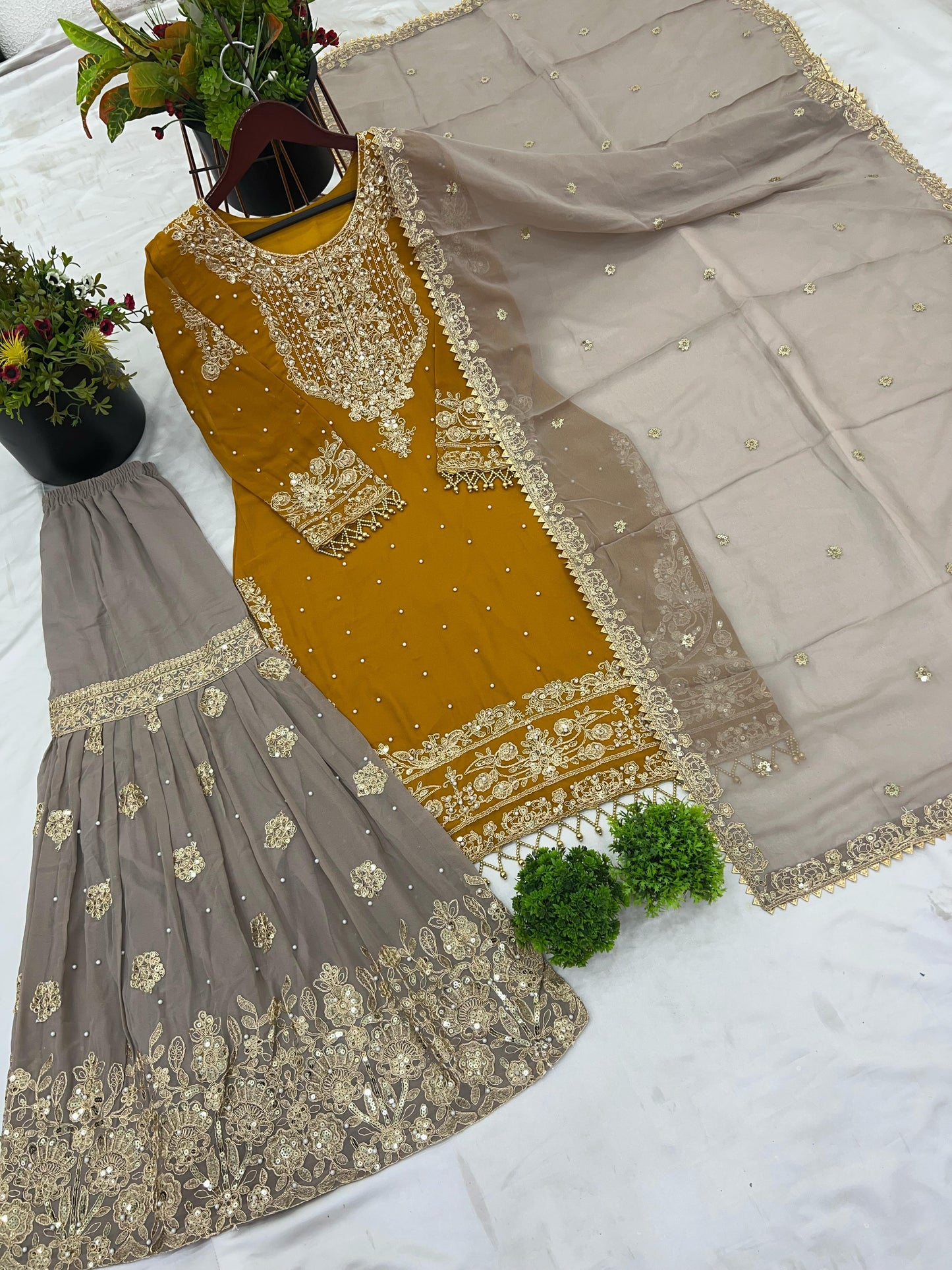 Elegant Heavy Faux Georgette Palazzo Set With Heavy Embroidery Sequence Work