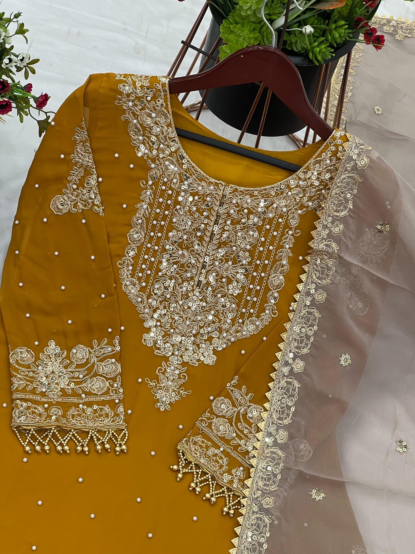 Elegant Heavy Faux Georgette Palazzo Set With Heavy Embroidery Sequence Work