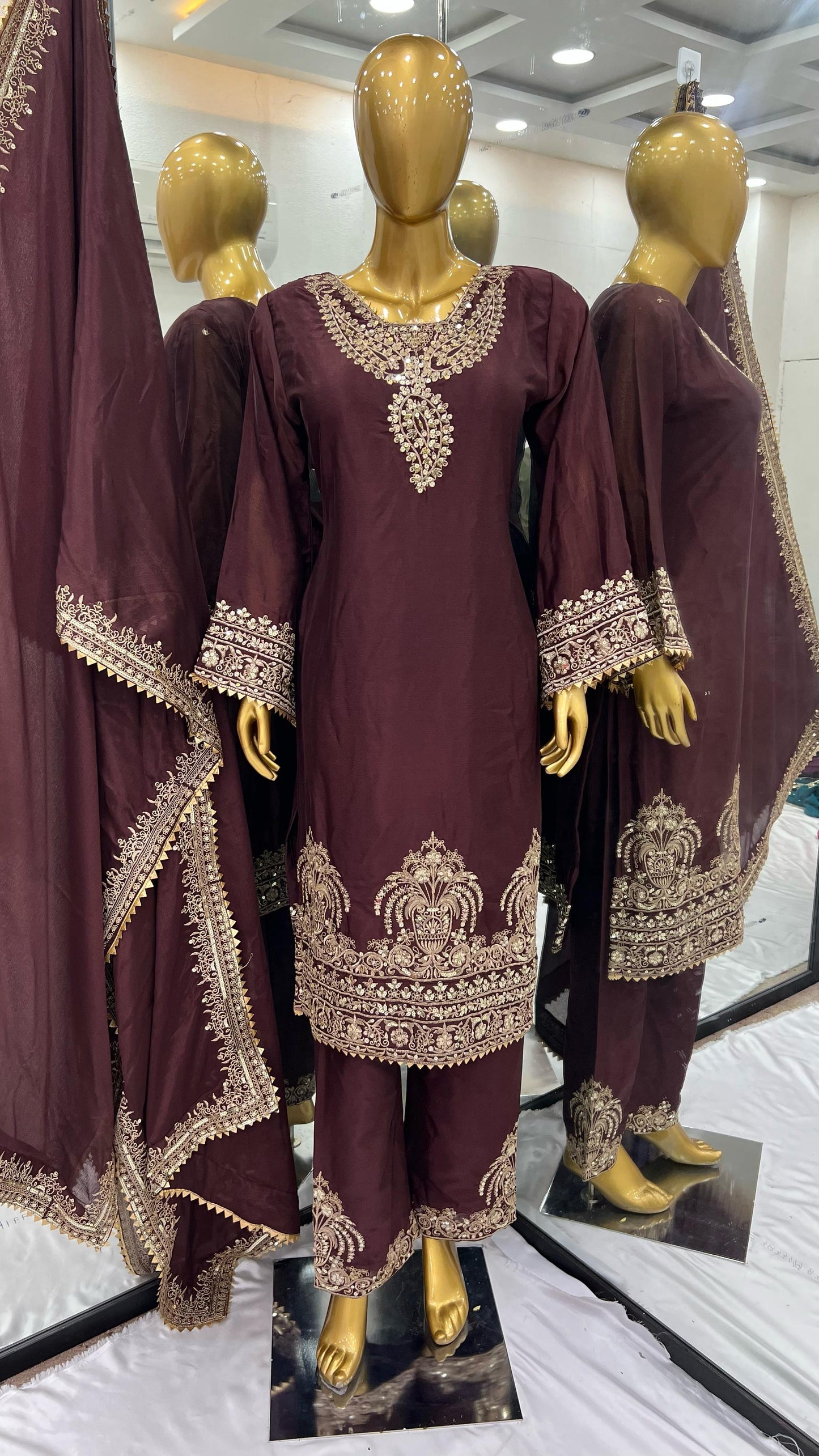Heavy Chinnon Embroidery Sequence Work Top-Bottom Dupatta Set