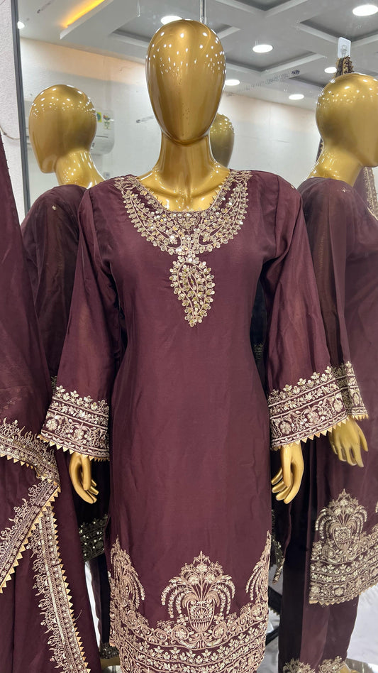 Heavy Chinnon Embroidery Sequence Work Top-Bottom Dupatta Set