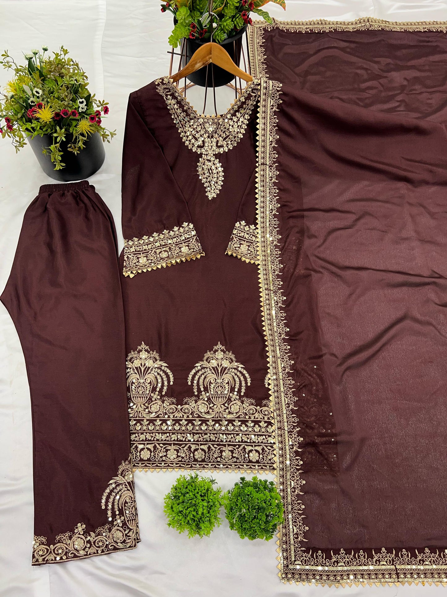 Heavy Chinnon Embroidery Sequence Work Top-Bottom Dupatta Set