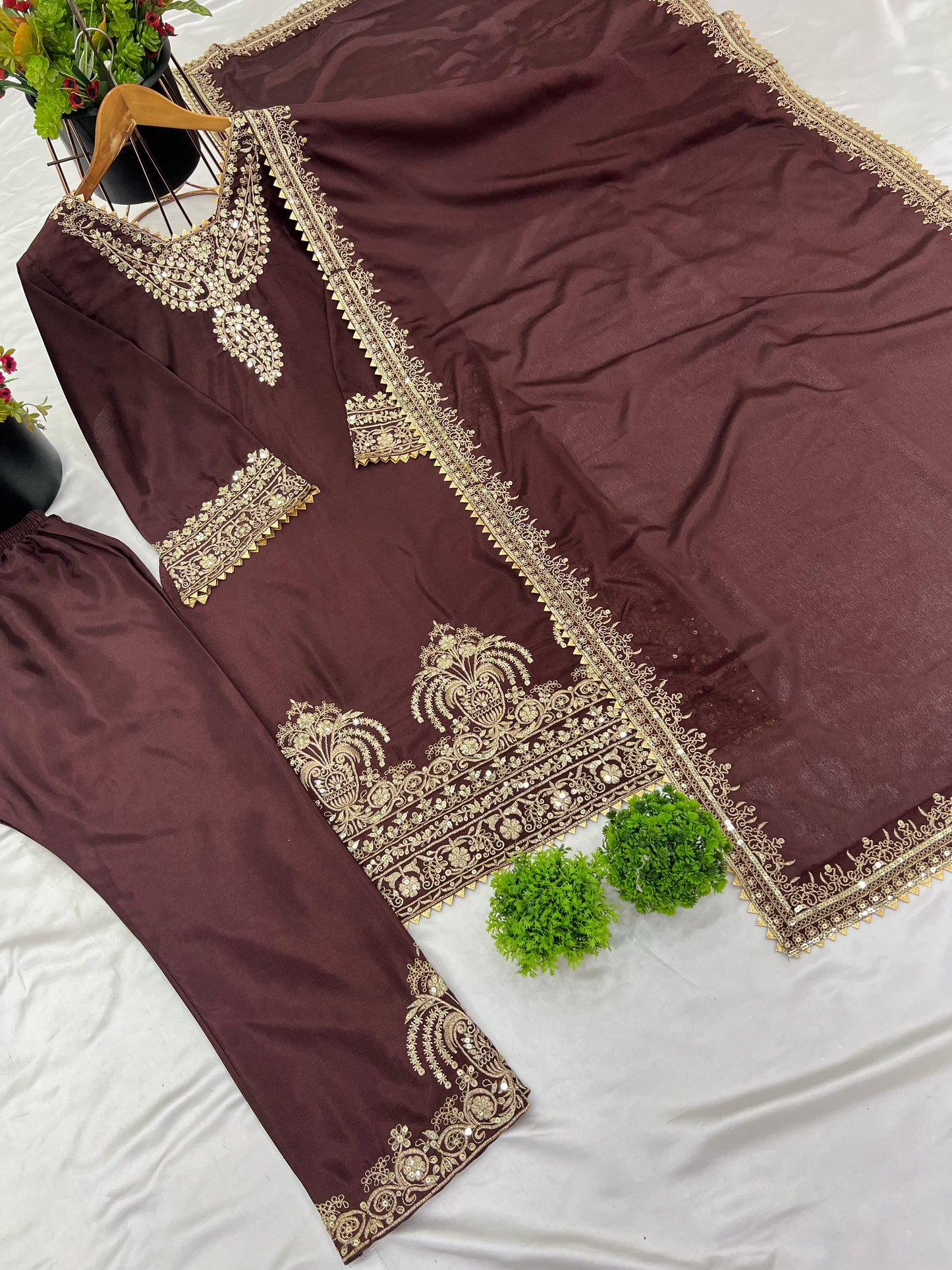 Heavy Chinnon Embroidery Sequence Work Top-Bottom Dupatta Set