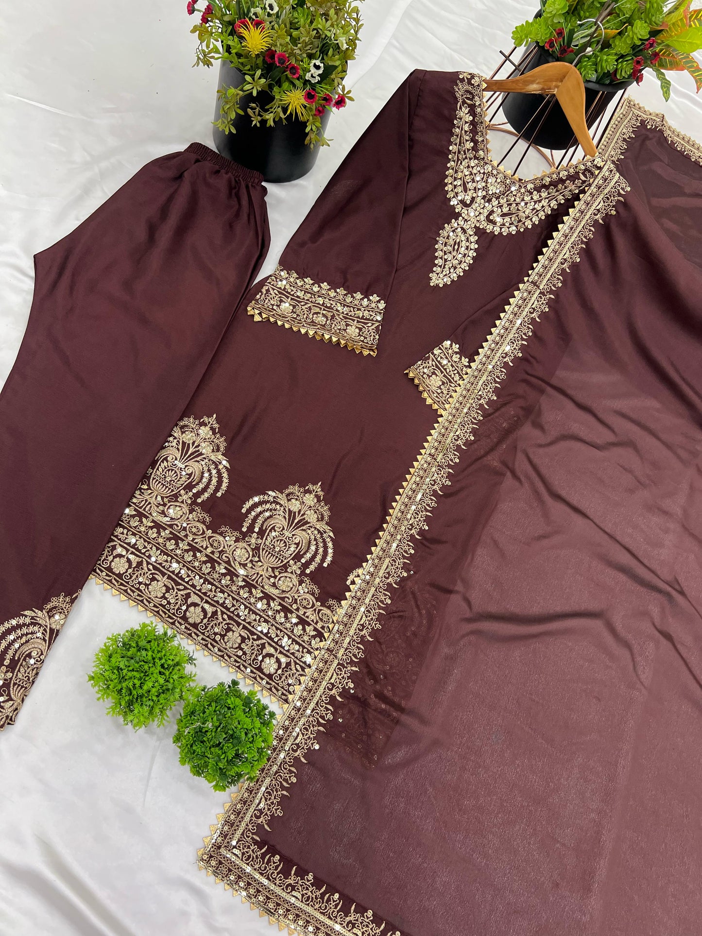 Heavy Chinnon Embroidery Sequence Work Top-Bottom Dupatta Set