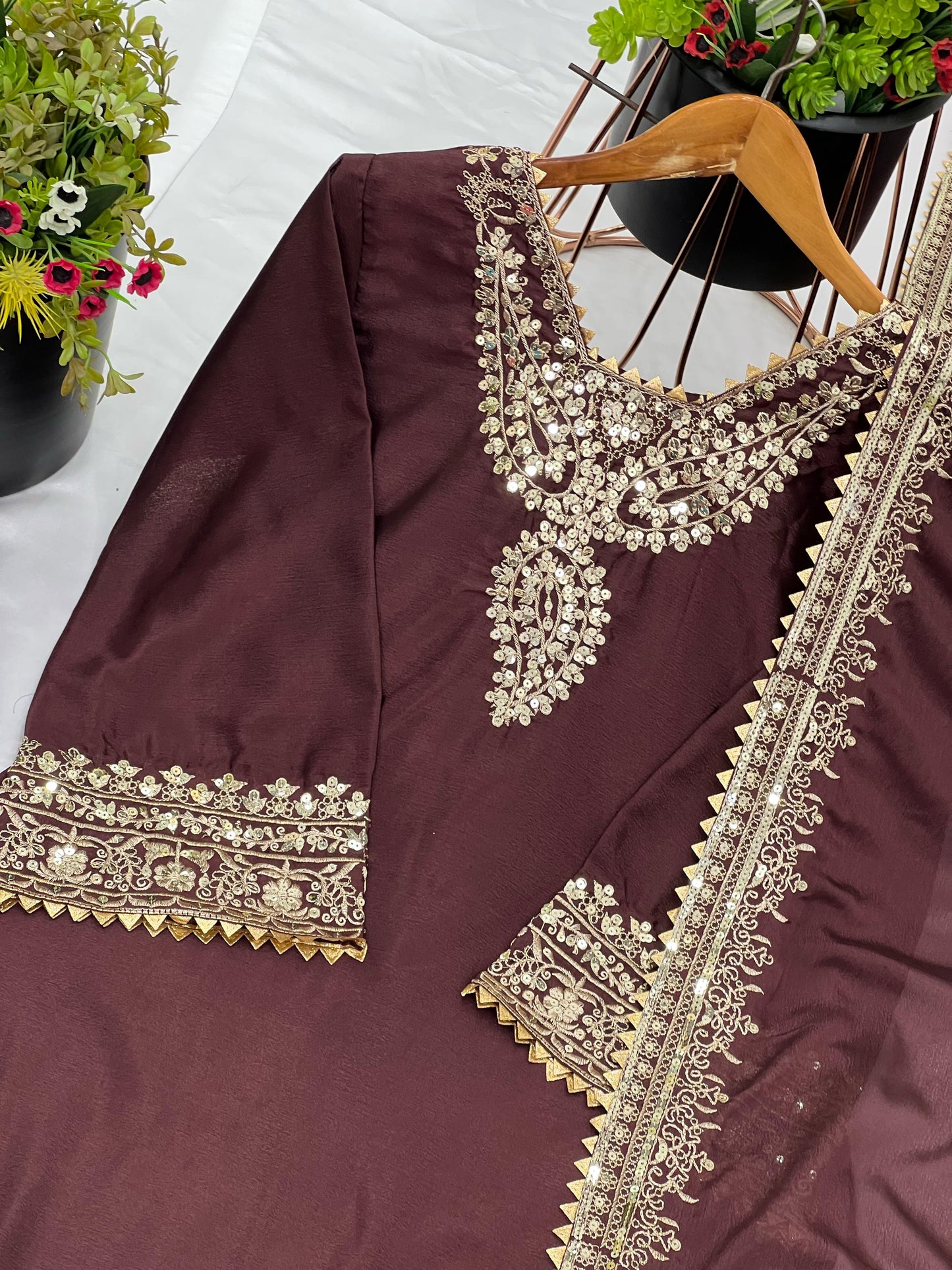 Heavy Chinnon Embroidery Sequence Work Top-Bottom Dupatta Set