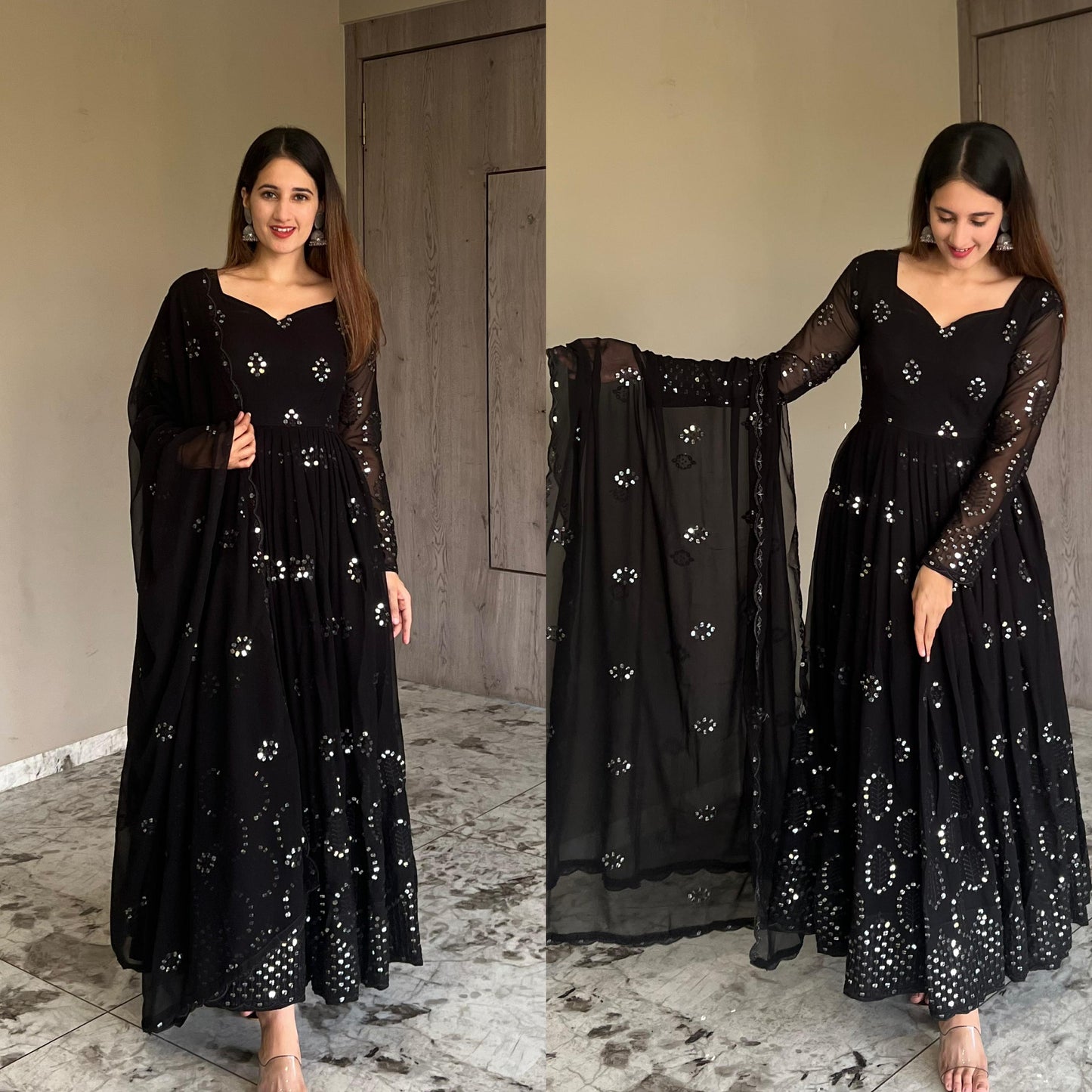 Faux Georgette Anarkali Salwar Suit with Sequence Embroidery Work