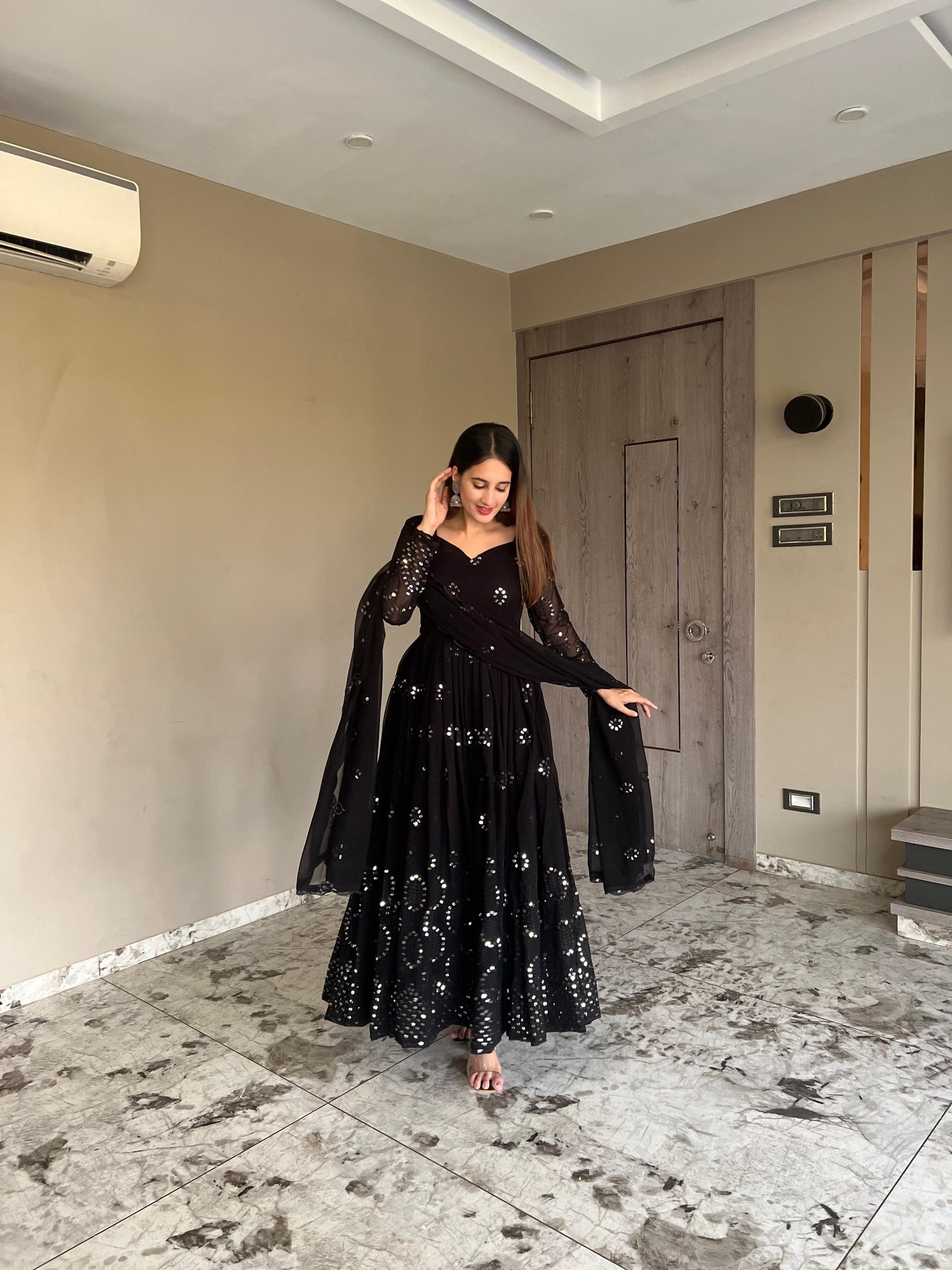 Faux Georgette Anarkali Salwar Suit with Sequence Embroidery Work