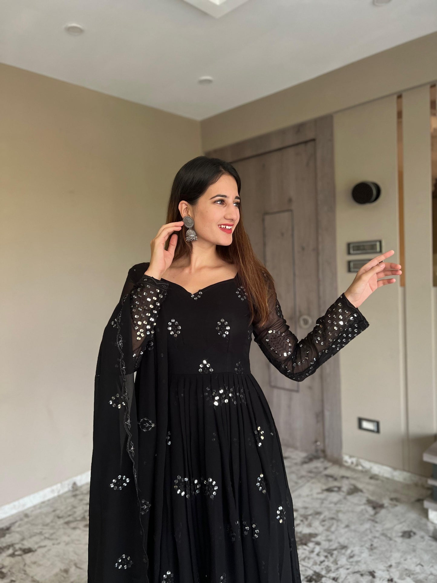 Faux Georgette Anarkali Salwar Suit with Sequence Embroidery Work