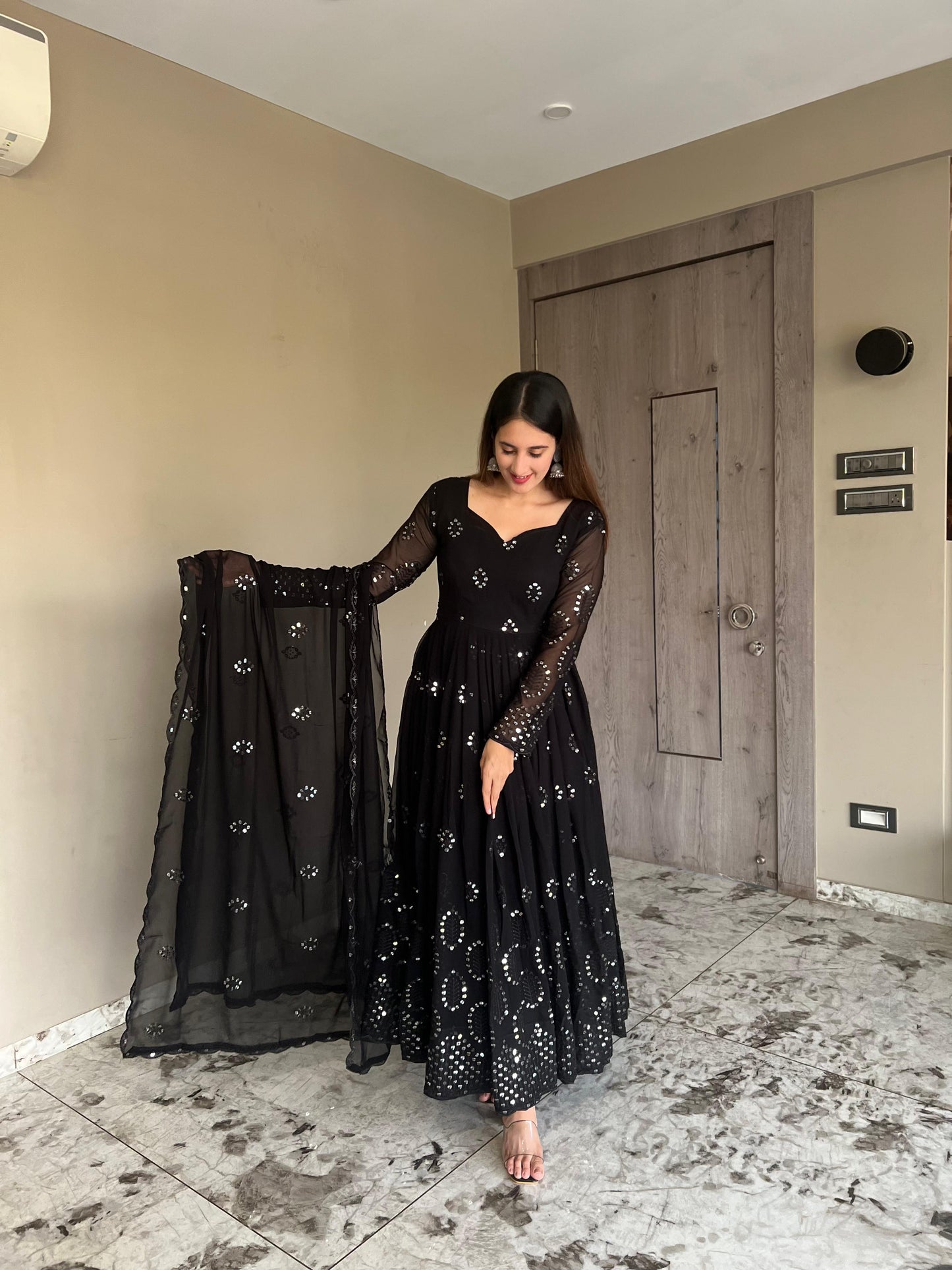 Faux Georgette Anarkali Salwar Suit with Sequence Embroidery Work