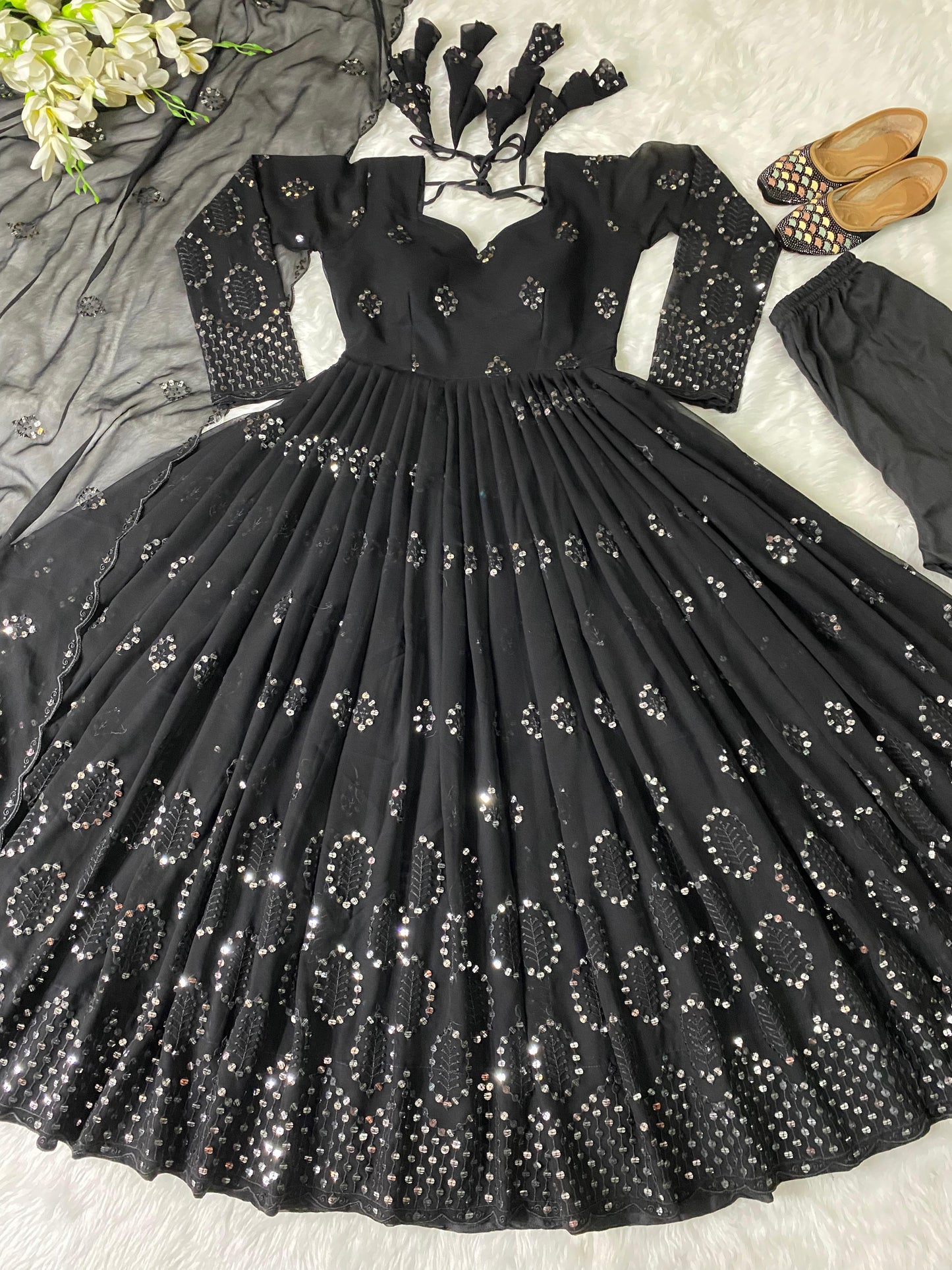 Faux Georgette Anarkali Salwar Suit with Sequence Embroidery Work