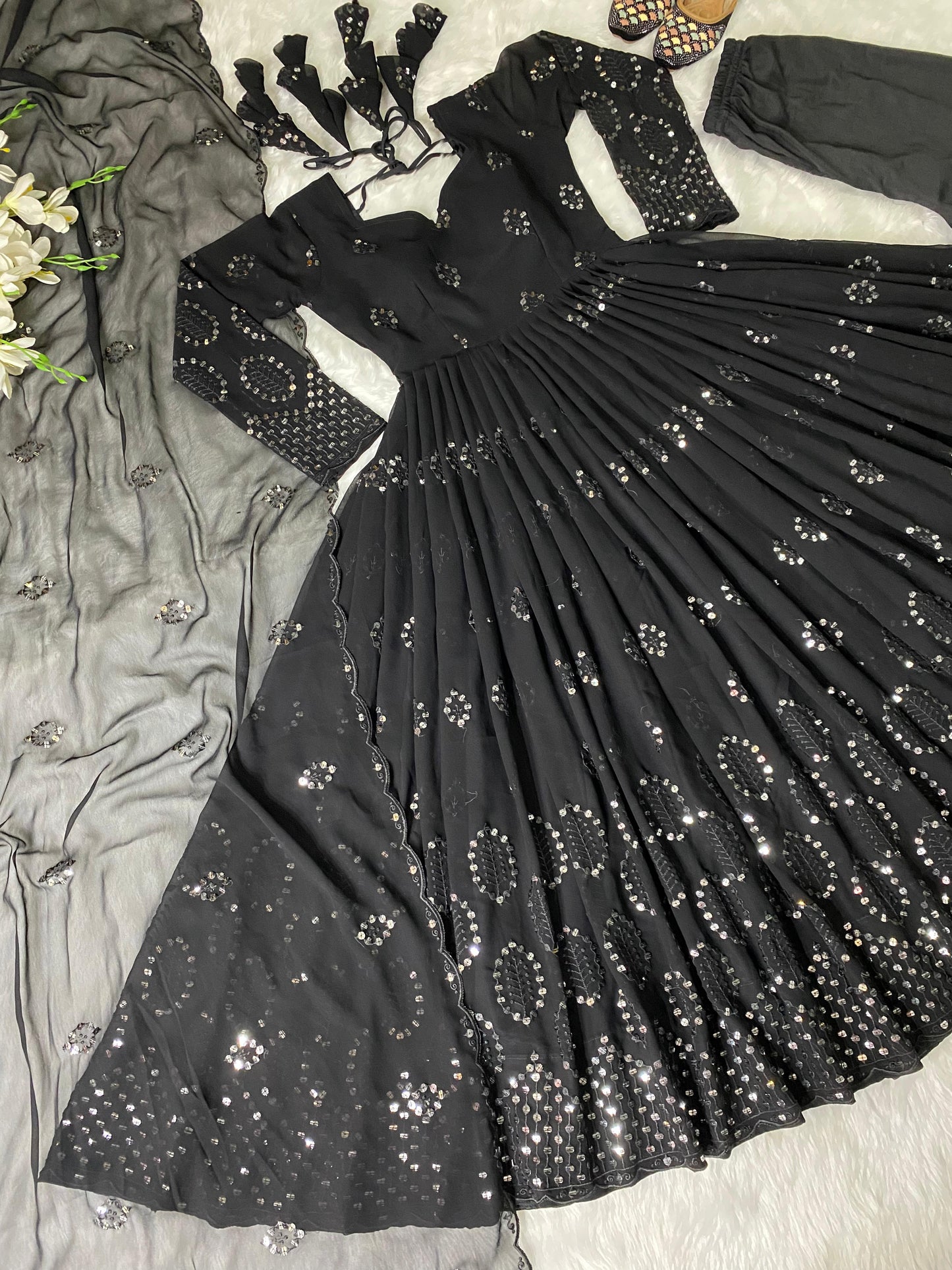 Faux Georgette Anarkali Salwar Suit with Sequence Embroidery Work