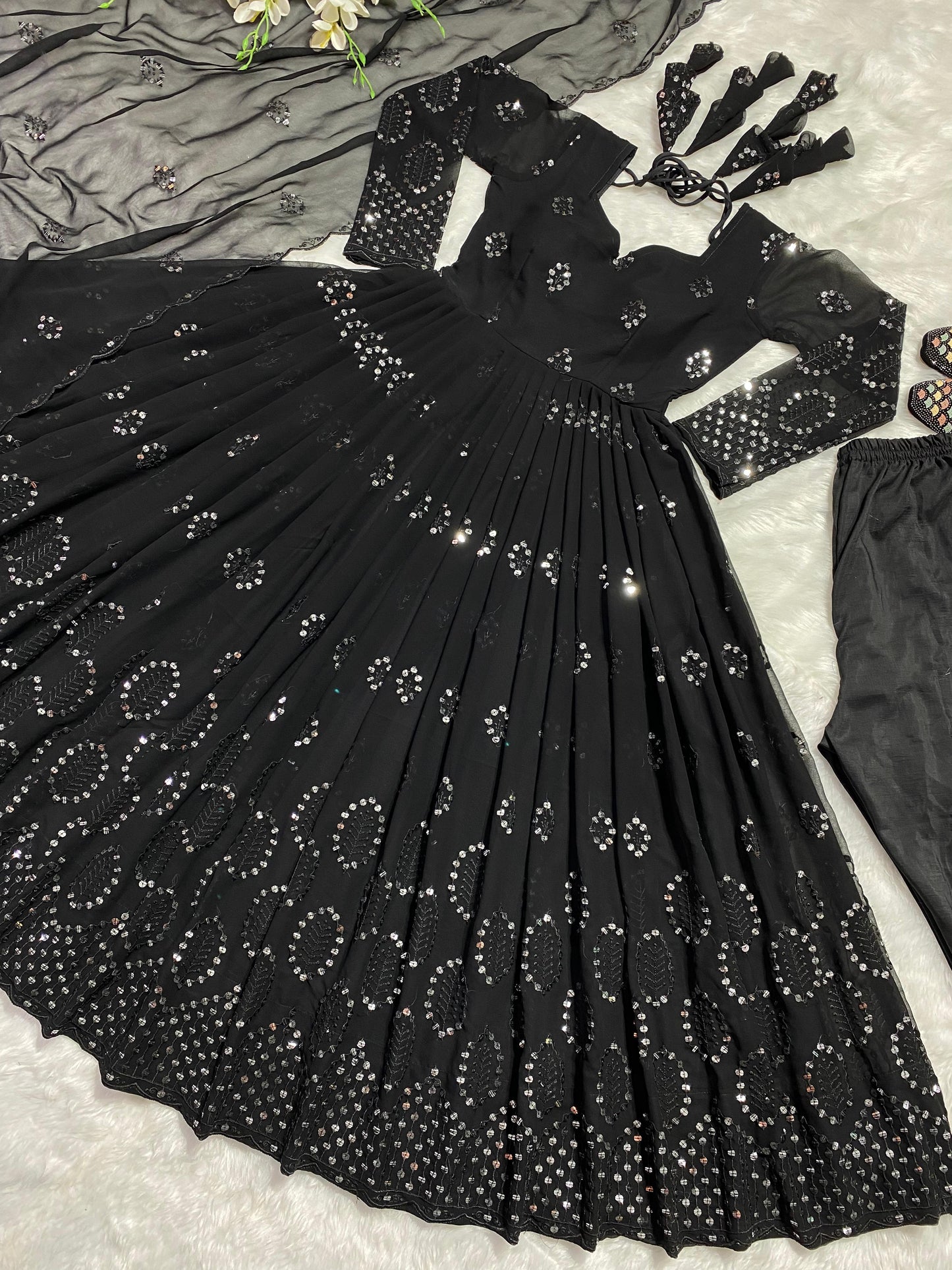 Faux Georgette Anarkali Salwar Suit with Sequence Embroidery Work