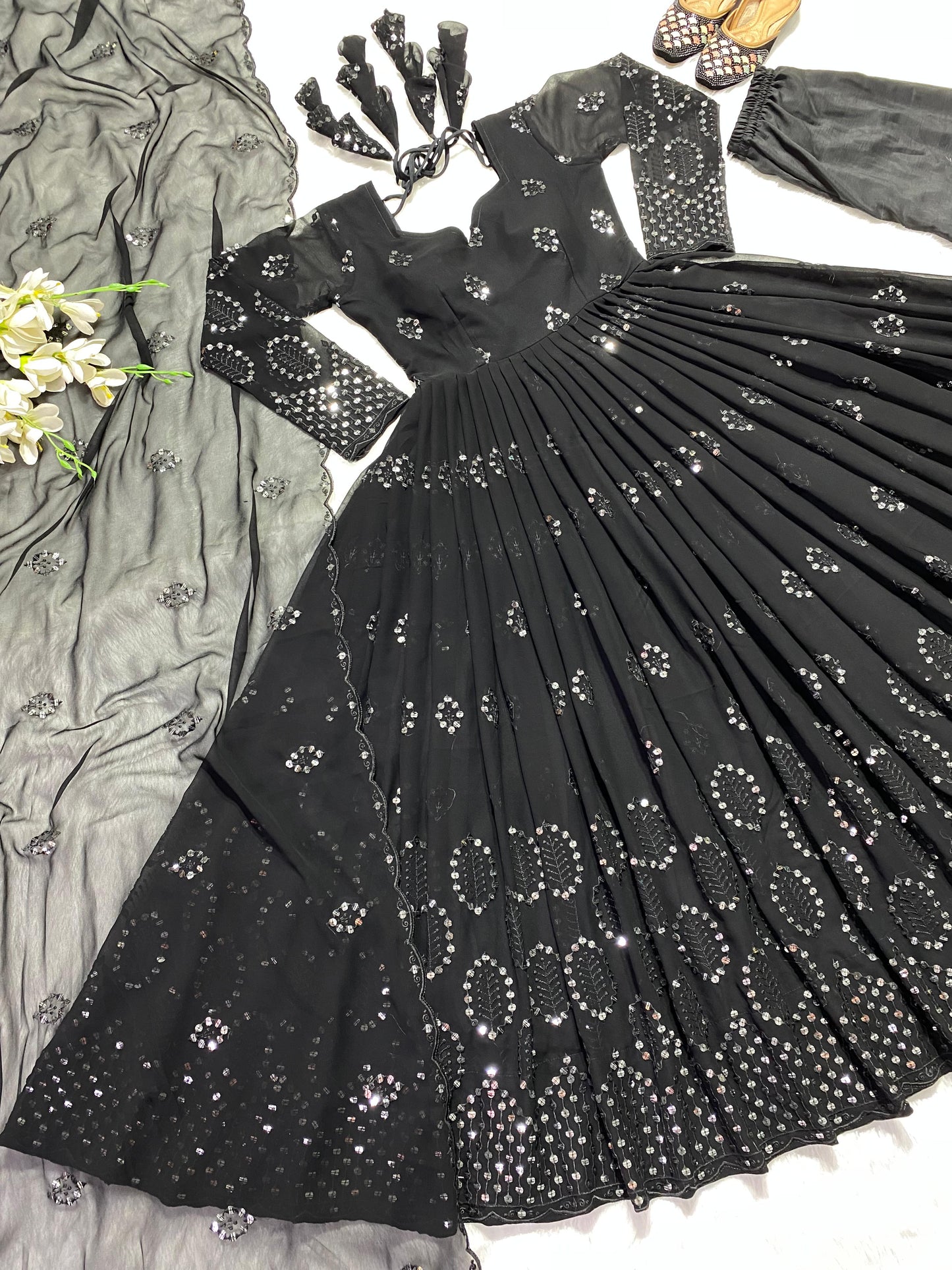 Faux Georgette Anarkali Salwar Suit with Sequence Embroidery Work