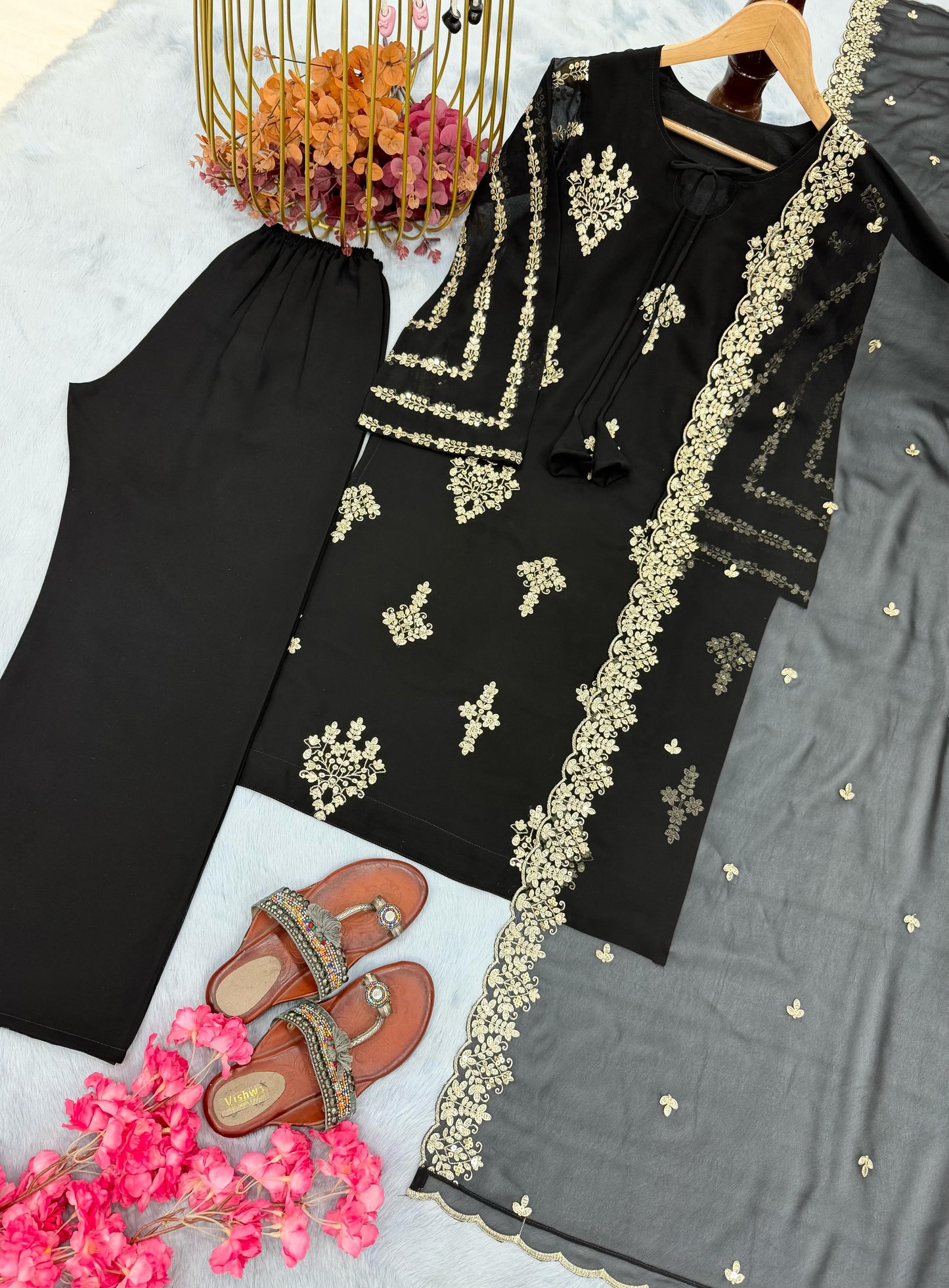 Designer Faux Georgette Kurta Palazzo And Dupatta Set