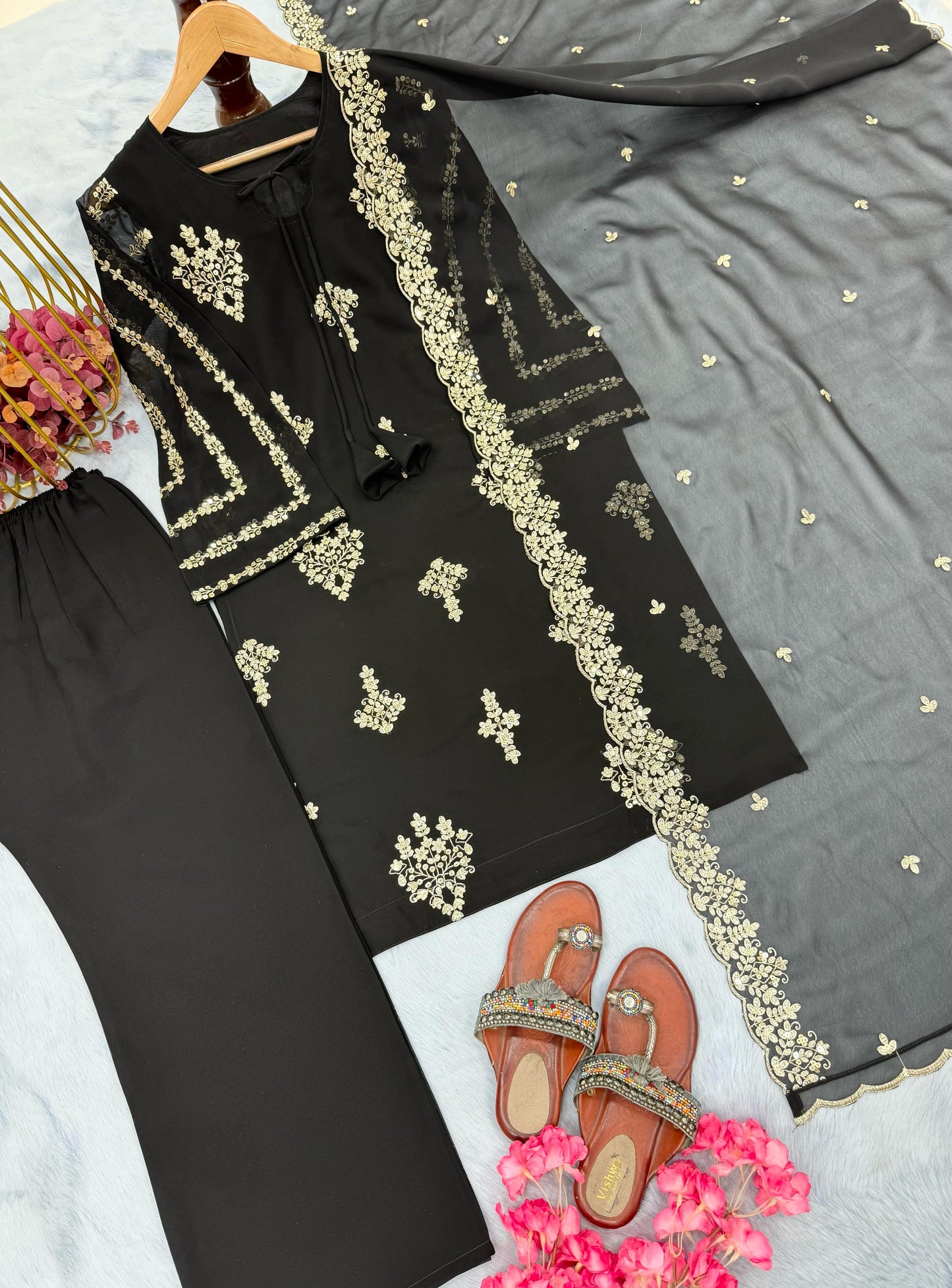 Designer Faux Georgette Kurta Palazzo And Dupatta Set