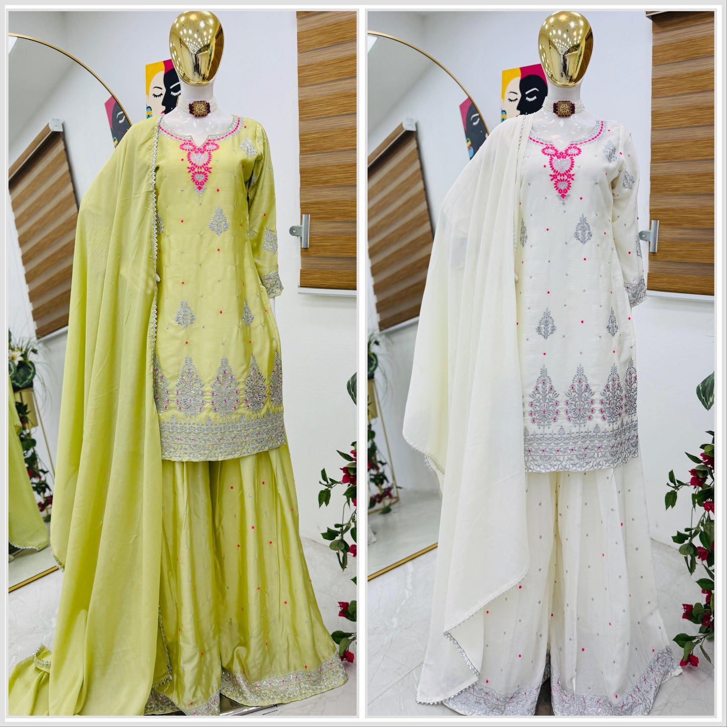 Chinon Silk With Embroidered and Sequin Palazzo Suit