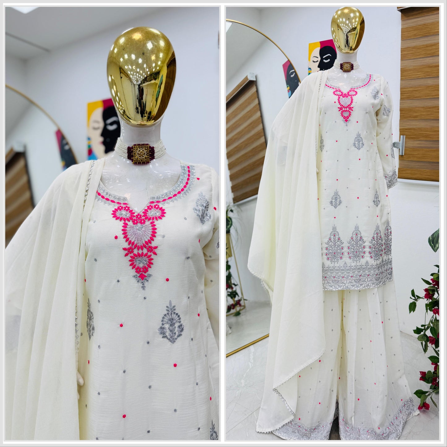 Chinon Silk With Embroidered and Sequin Palazzo Suit
