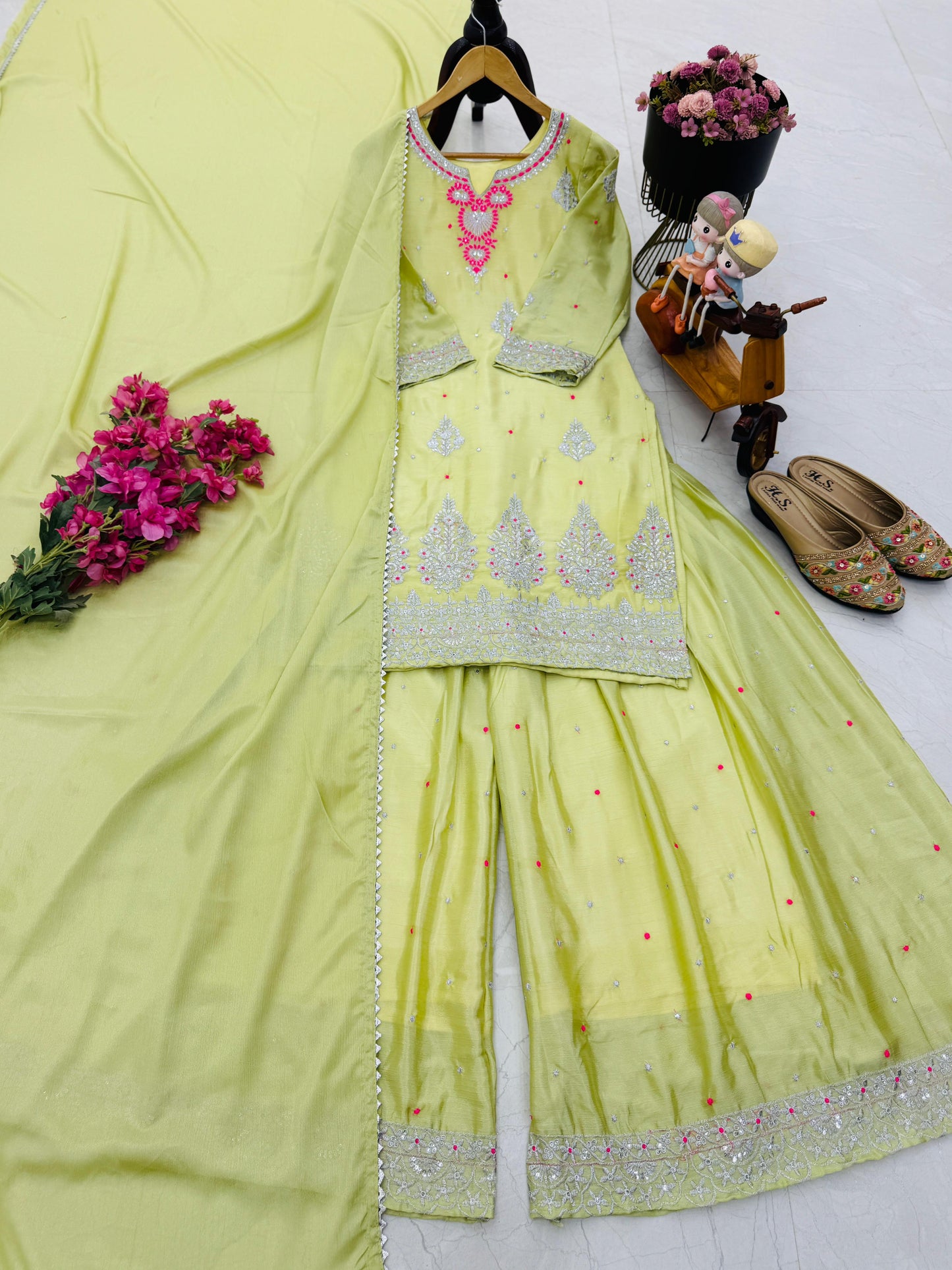 Chinon Silk With Embroidered and Sequin Palazzo Suit