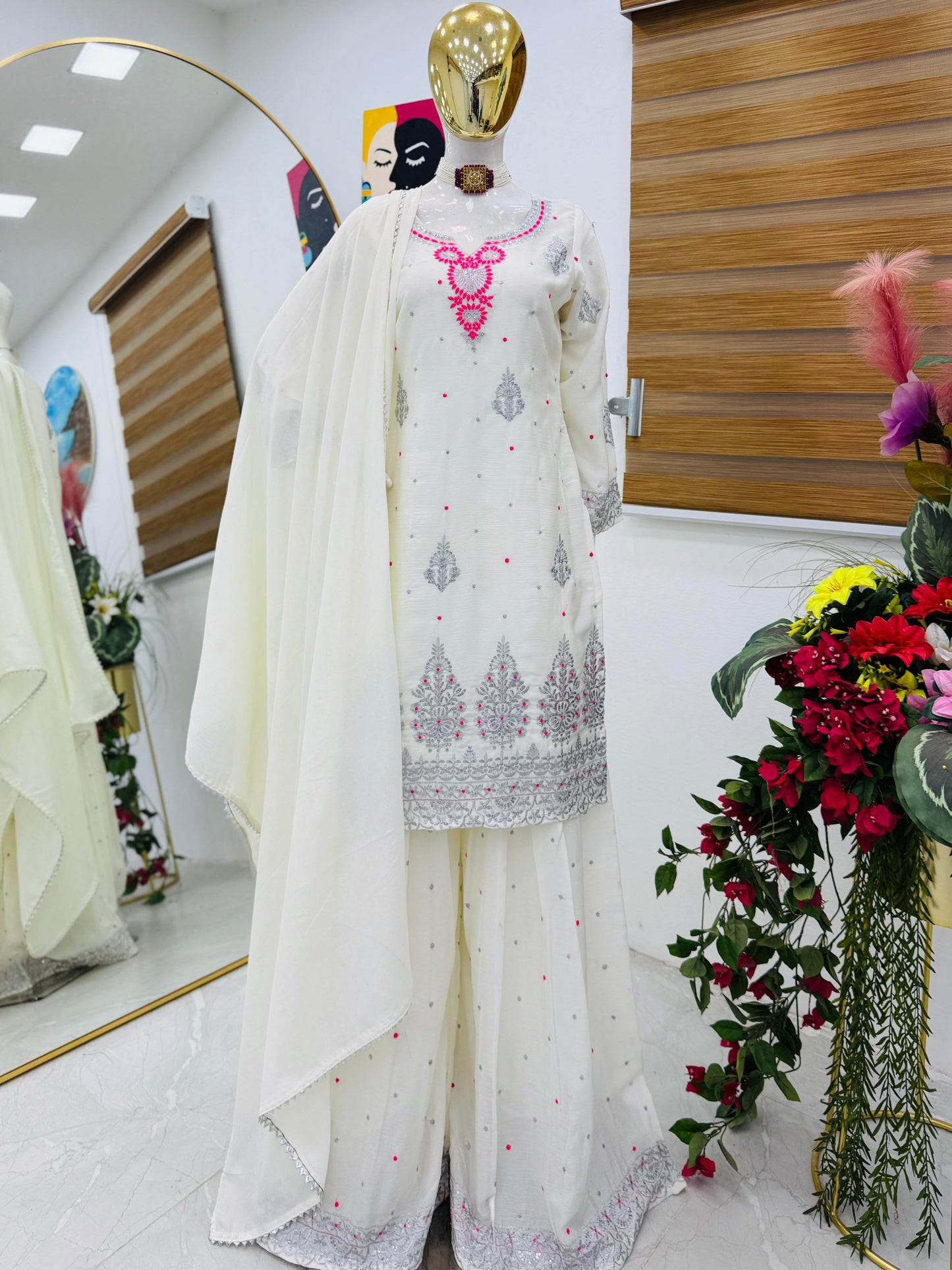 Chinon Silk With Embroidered and Sequin Palazzo Suit