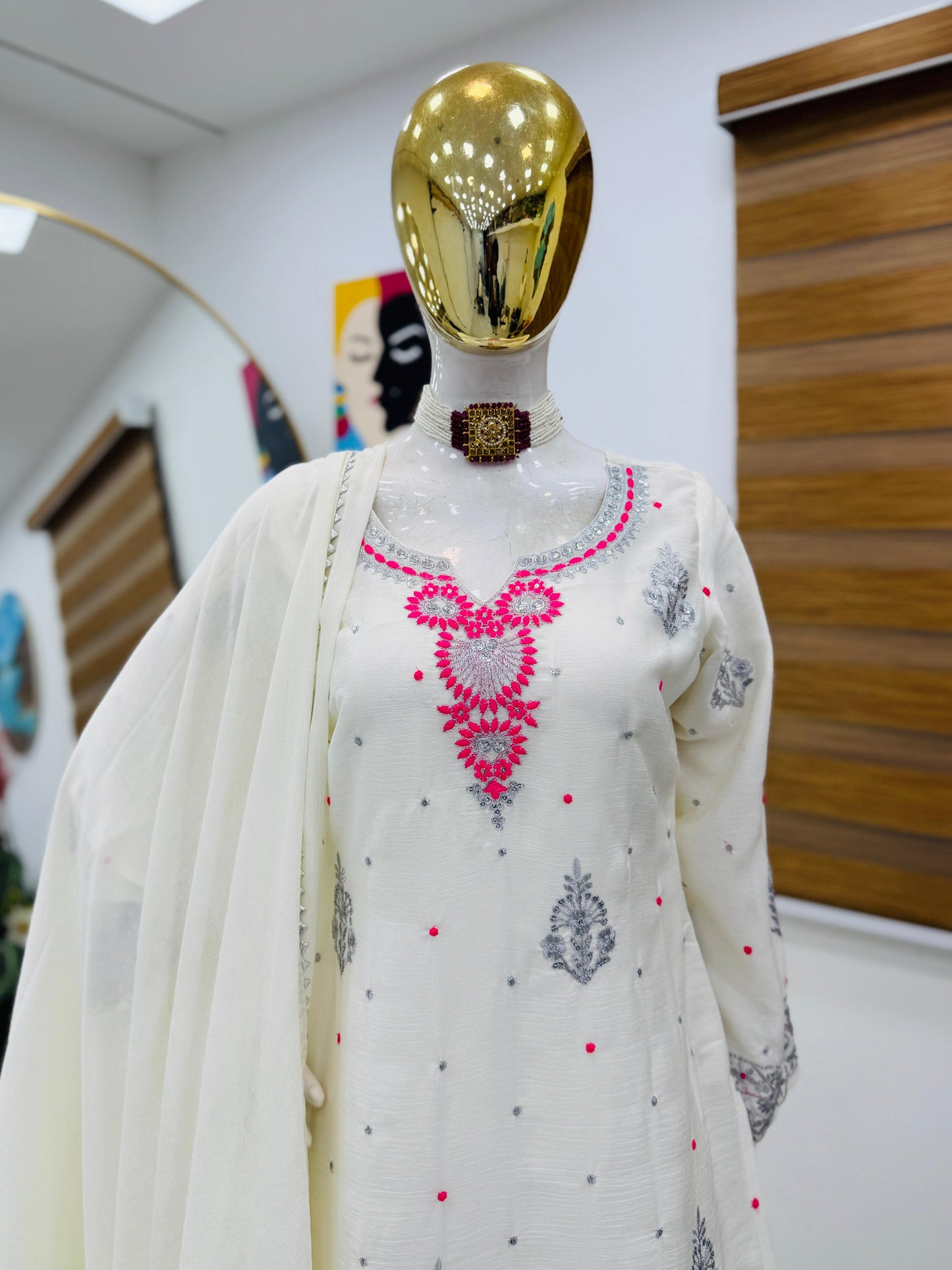 Chinon Silk With Embroidered and Sequin Palazzo Suit