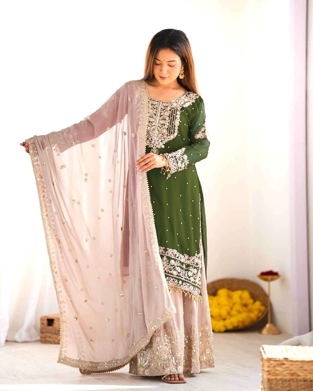 Elegant Heavy Faux Georgette Palazzo Set With Heavy Embroidery Sequence Work