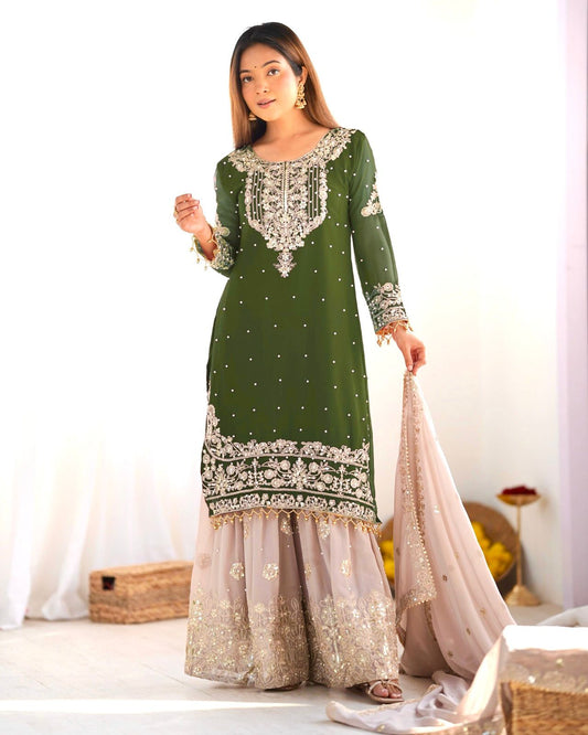 Elegant Heavy Faux Georgette Palazzo Set With Heavy Embroidery Sequence Work