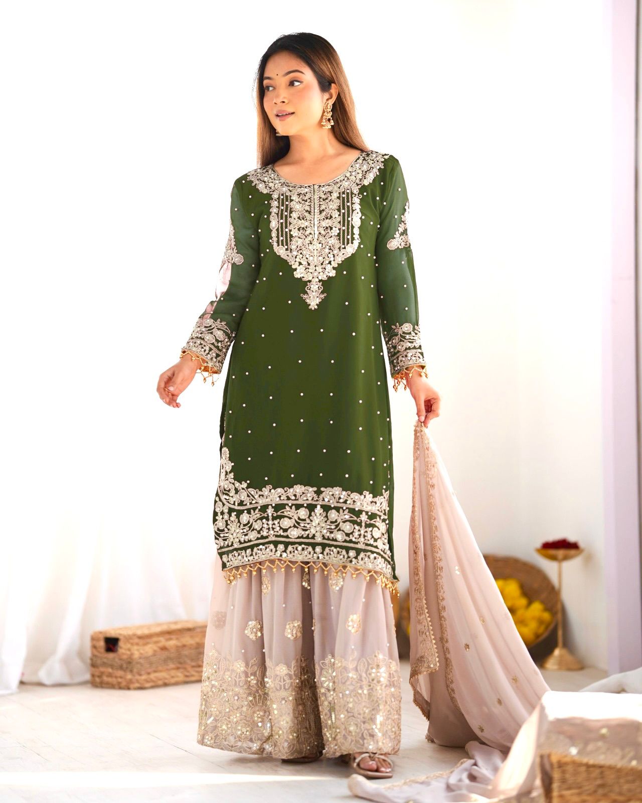 Elegant Heavy Faux Georgette Palazzo Set With Heavy Embroidery Sequence Work