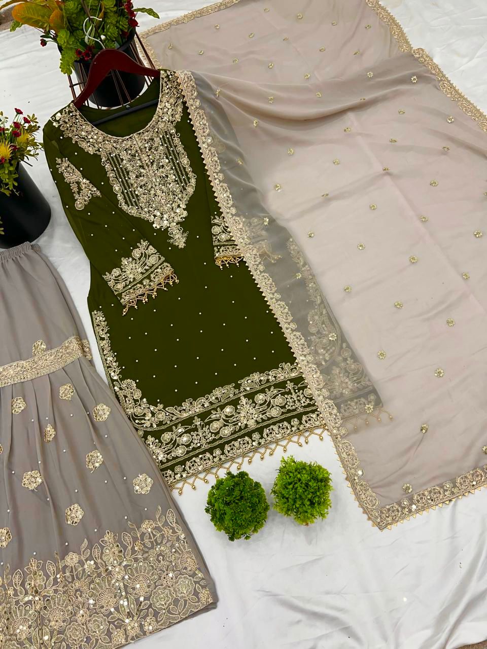 Elegant Heavy Faux Georgette Palazzo Set With Heavy Embroidery Sequence Work