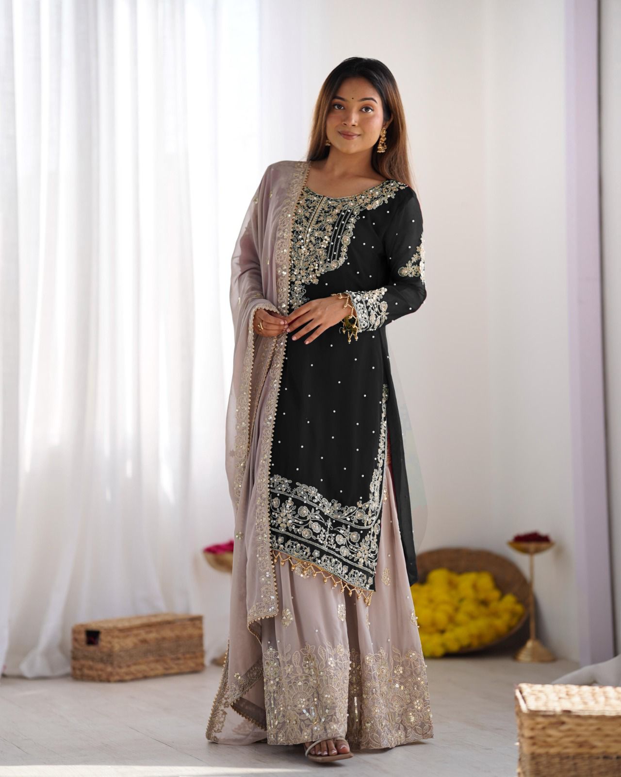 Elegant Heavy Faux Georgette Palazzo Set With Heavy Embroidery Sequence Work