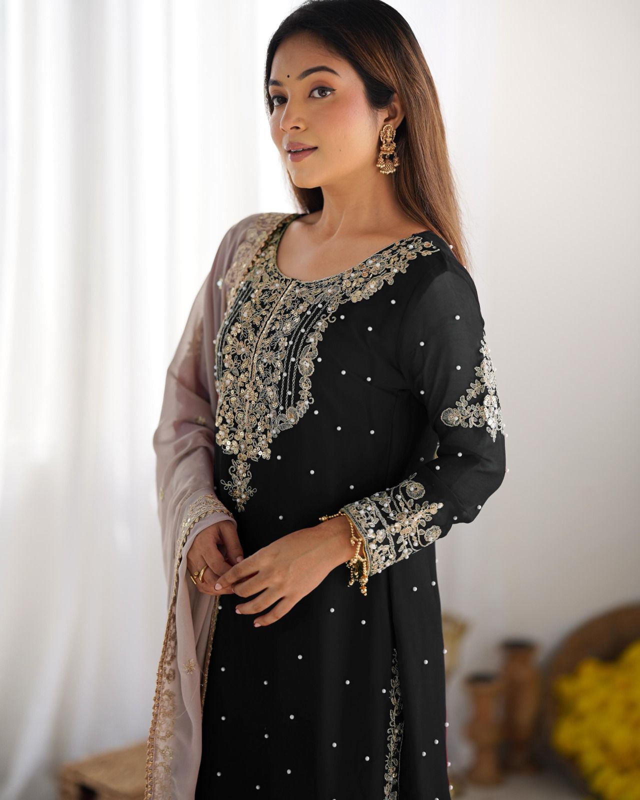 Elegant Heavy Faux Georgette Palazzo Set With Heavy Embroidery Sequence Work