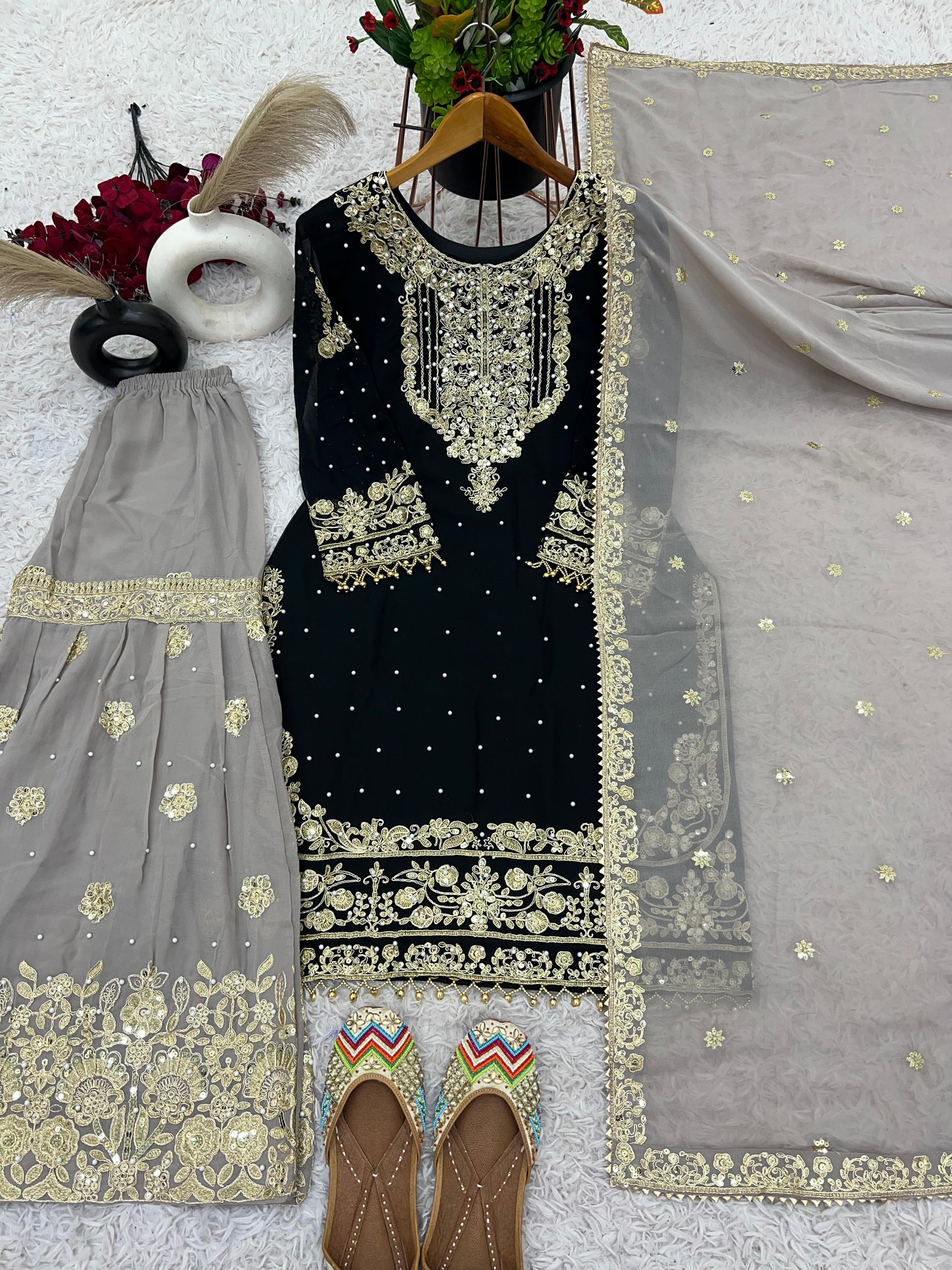 Elegant Heavy Faux Georgette Palazzo Set With Heavy Embroidery Sequence Work