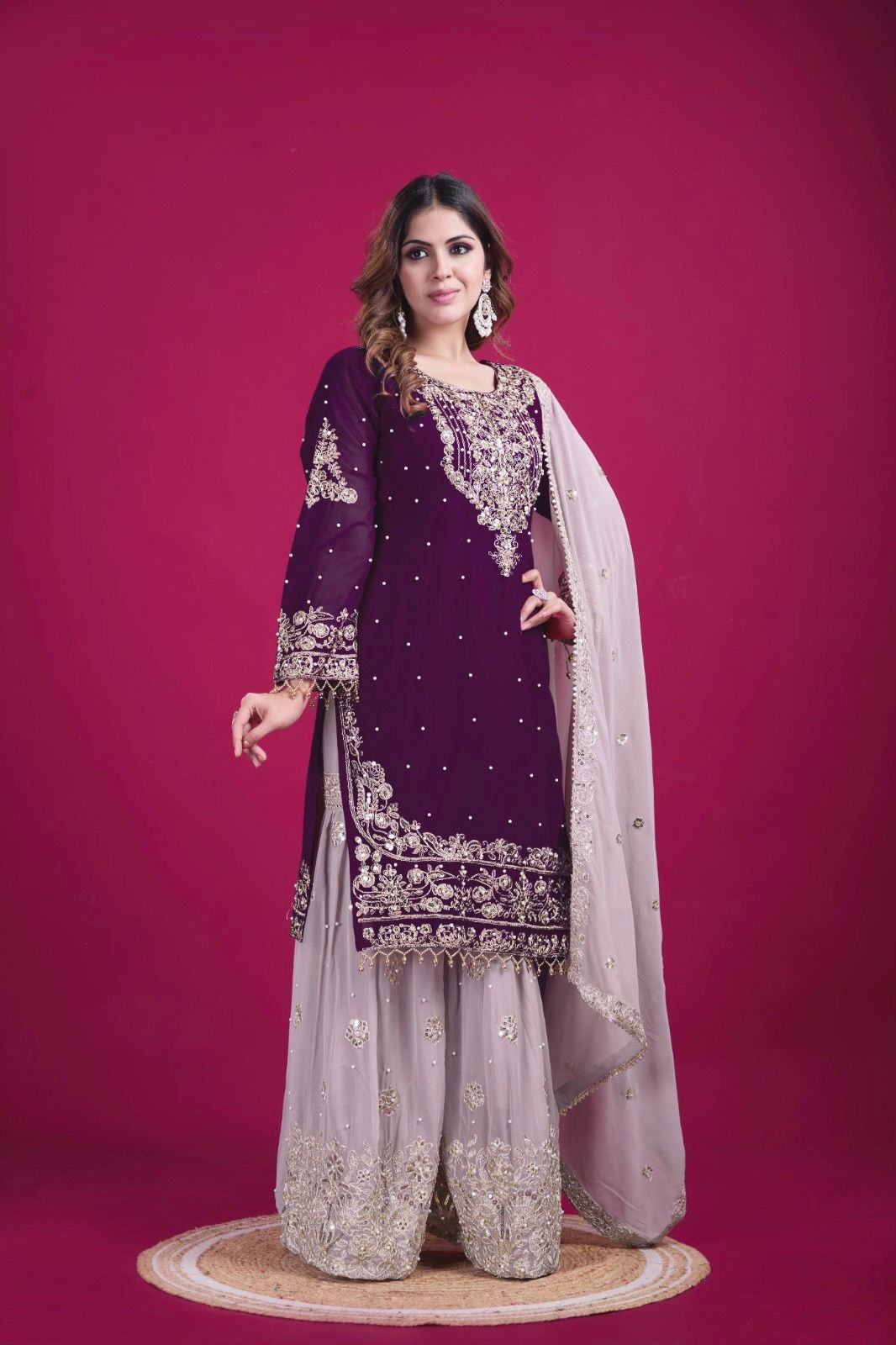Elegant Heavy Faux Georgette Palazzo Set With Heavy Embroidery Sequence Work