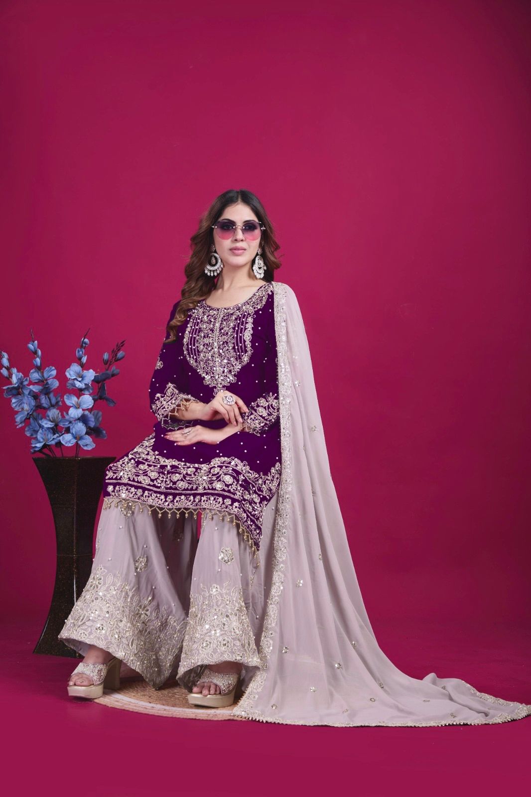 Elegant Heavy Faux Georgette Palazzo Set With Heavy Embroidery Sequence Work