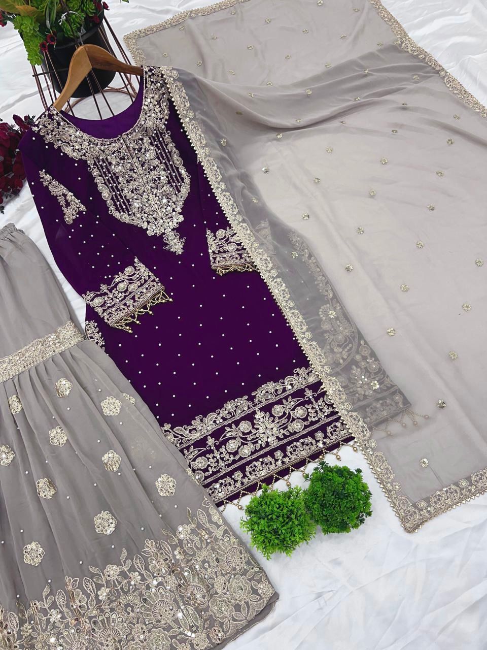 Elegant Heavy Faux Georgette Palazzo Set With Heavy Embroidery Sequence Work