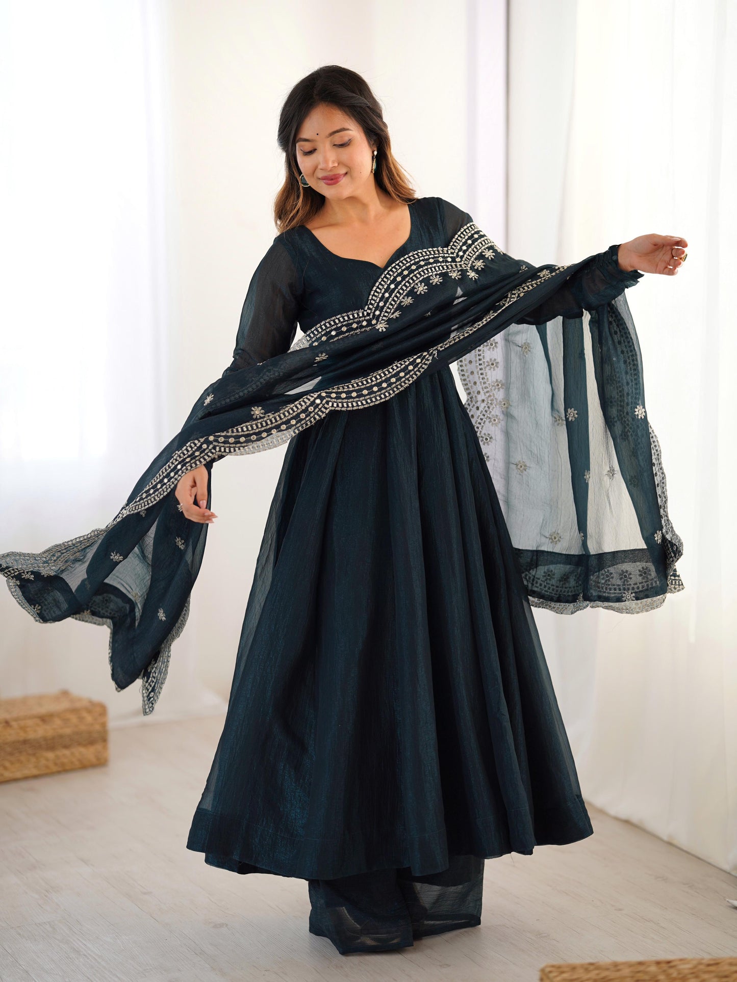 Fandy Silk Full Sleeve Gown with Embroidered Sequence Work Dupatta